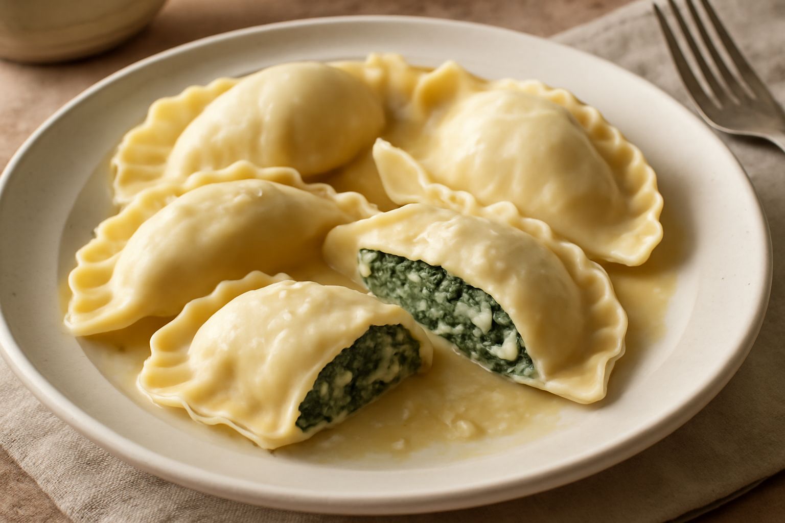 Tortelloni di erbette disposti nel piatto bianco, con pieghe simmetriche color crema, ricoperti di burro fuso trasparente e parmigiano grattugiato, contorno di salvia fresca verde scuro