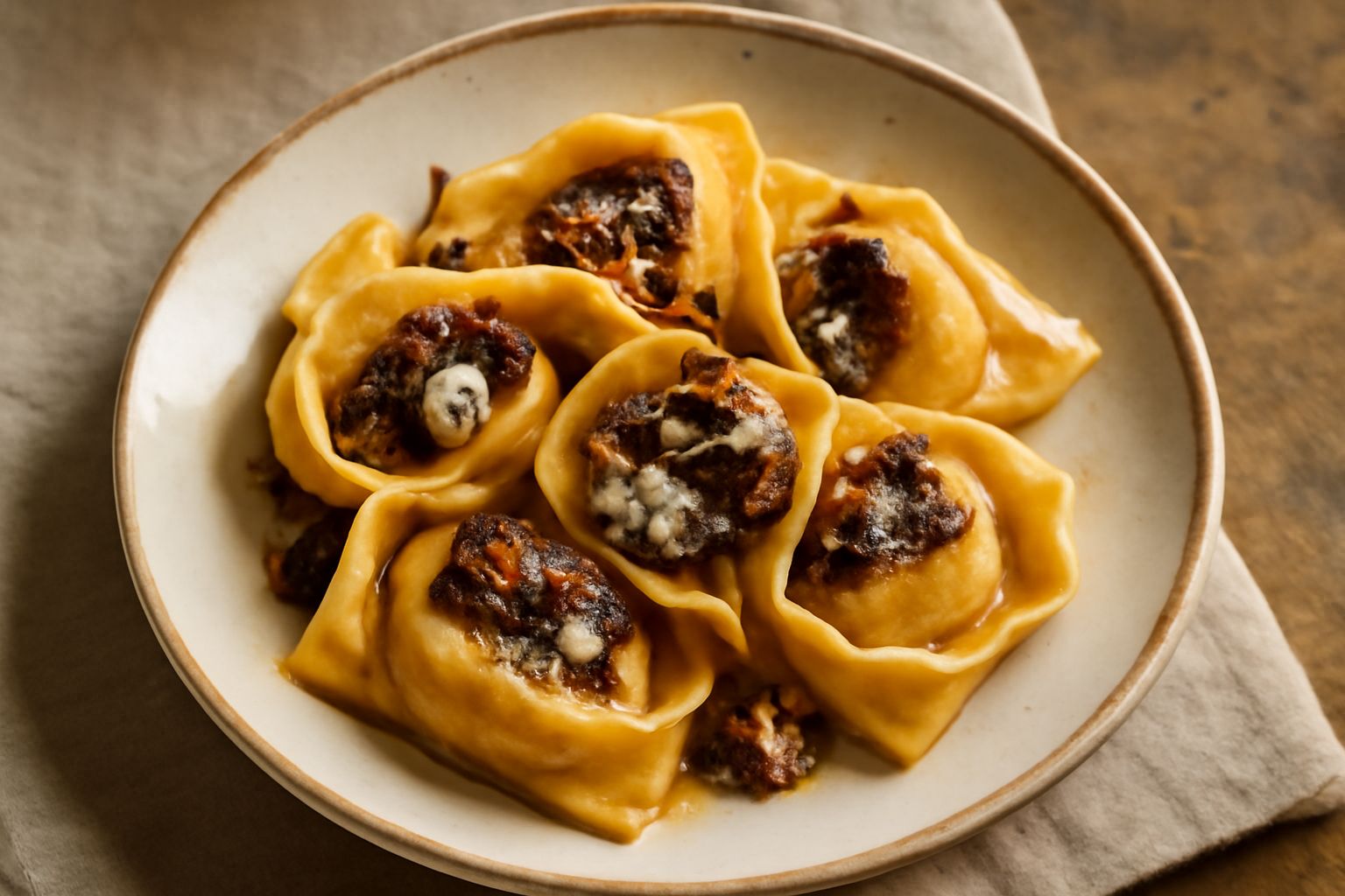 Tortelloni di melanzana disposti in un piatto bianco con burro fuso e foglie di salvia fresca, coperti di parmigiano grattugiato, vapor di calore visibile sopra la pasta