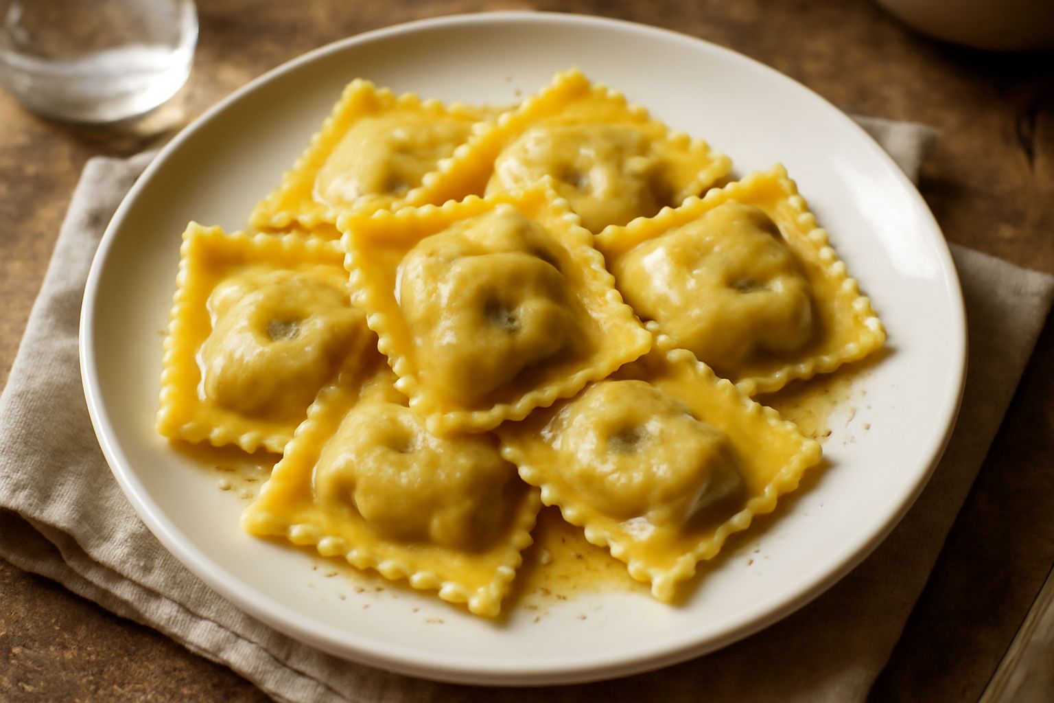 Tortelloni rettangolari di pasta all'uovo ripieni, disposti in un piatto bianco con bordi decorativi, ricoperti di salsa di pomodoro rosso vivo e un filo di olio verde, guarniti con una foglia di basi