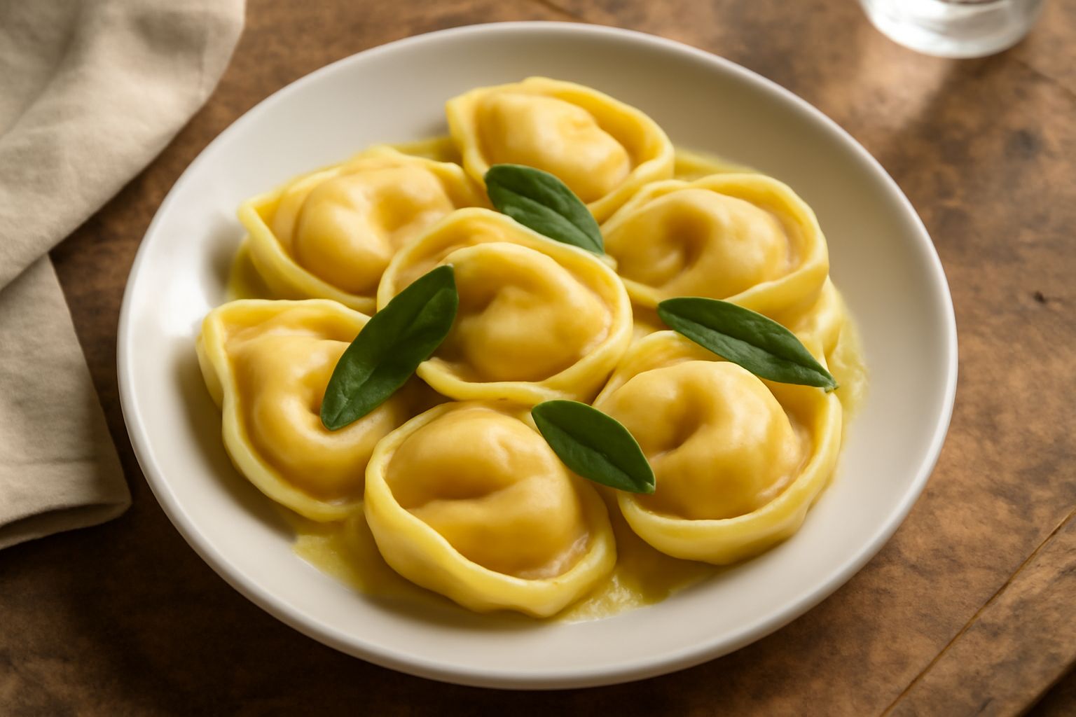 Tortelloni di patate ripieni appena cotti in un piatto bianco con burro fuso, salvia e grana padano grattugiato, vapore ancora visibile