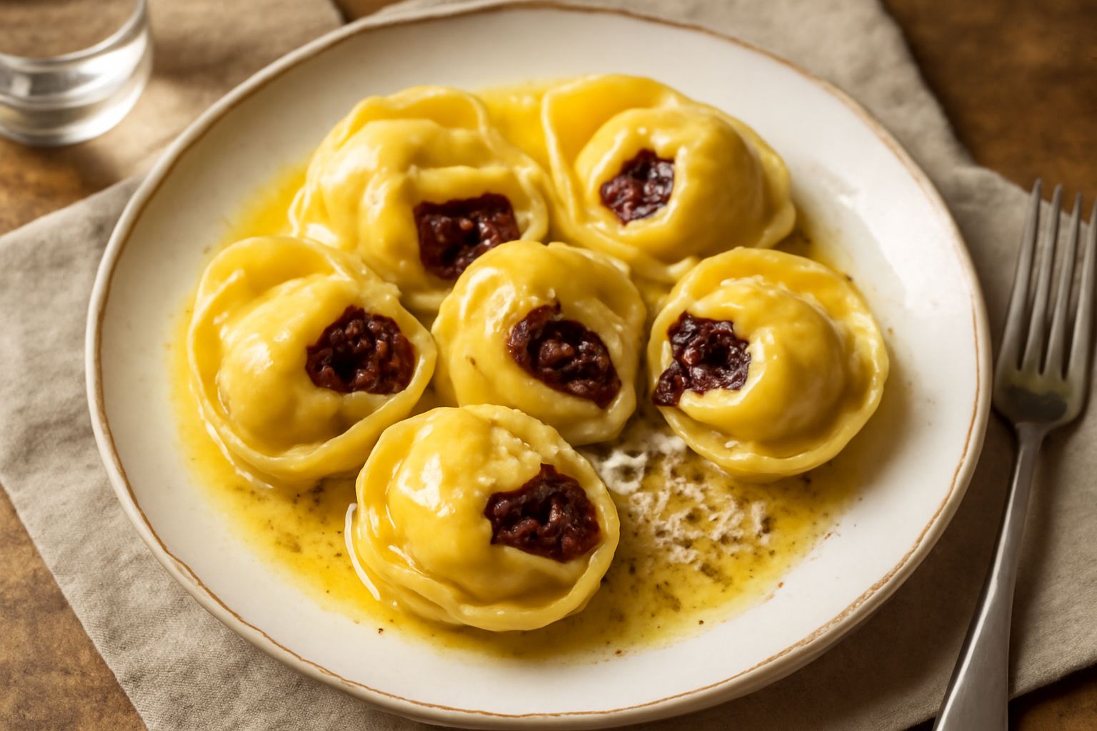 Tortelloni di radicchio rosso ripieni disposti nel piatto bianco, conditi con burro fuso e foglie di salvia fresca, con crema che trabocca dal ripieno visibile al taglio