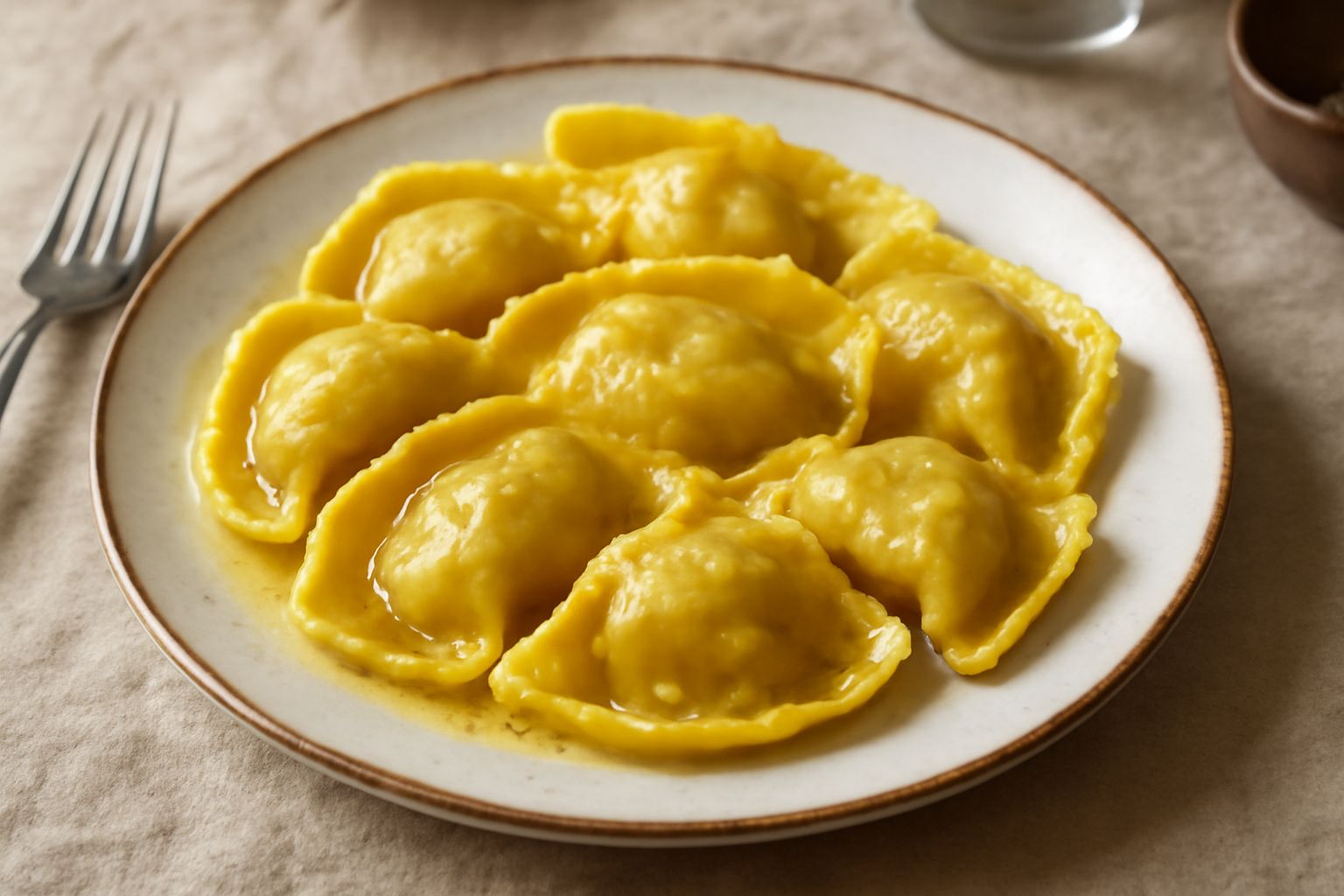 Tortelloni di ricotta appena cotti serviti in un piatto bianco con burro fuso, parmigiano grattugiato e una foglia di salvia, sfondo in morbido fuoco