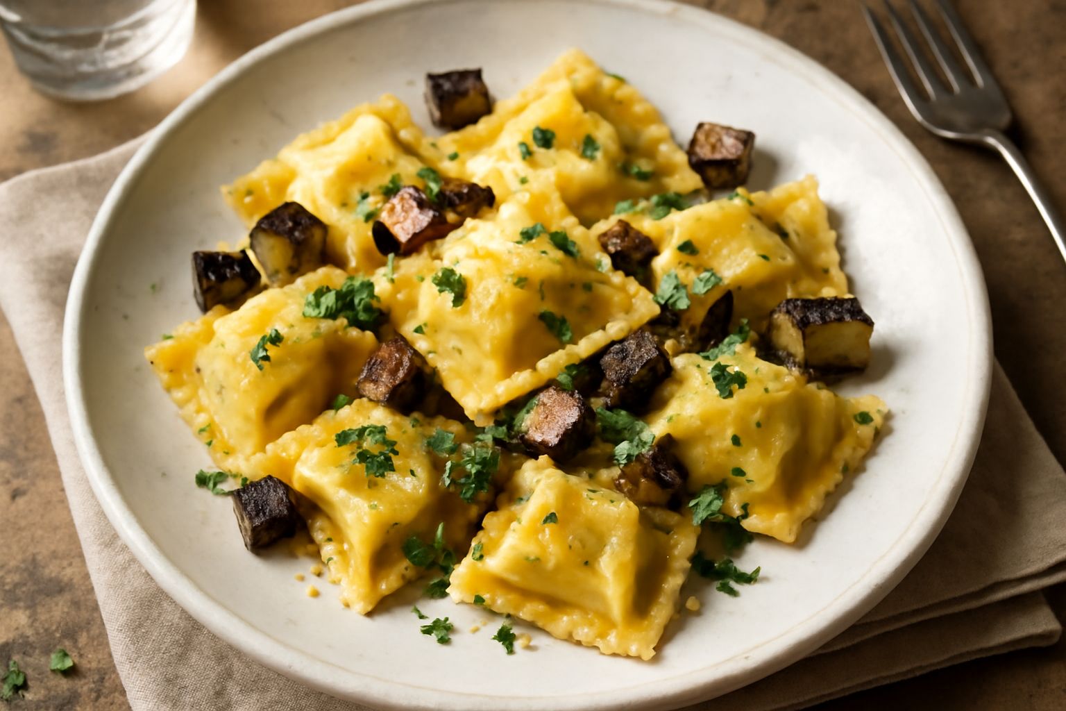 Tortelloni di ricotta e melanzana su piatto bianco, ricoperti di burro dorato e foglie di basilico fresco, con contorno di parmigiano grattugiato