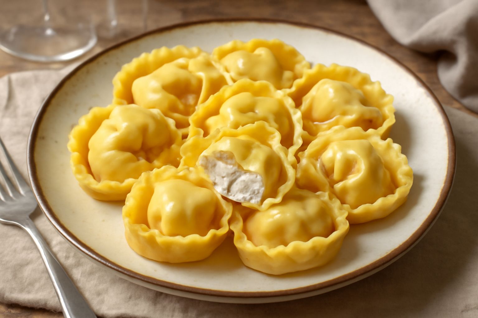 Quattro tortelloni ripieni chiusi a mano, con bordi arricciati, disposti in un piatto bianco; il ripieno visibile da un taglio laterale è di colore bianco crema con striature violacee della melanzana;