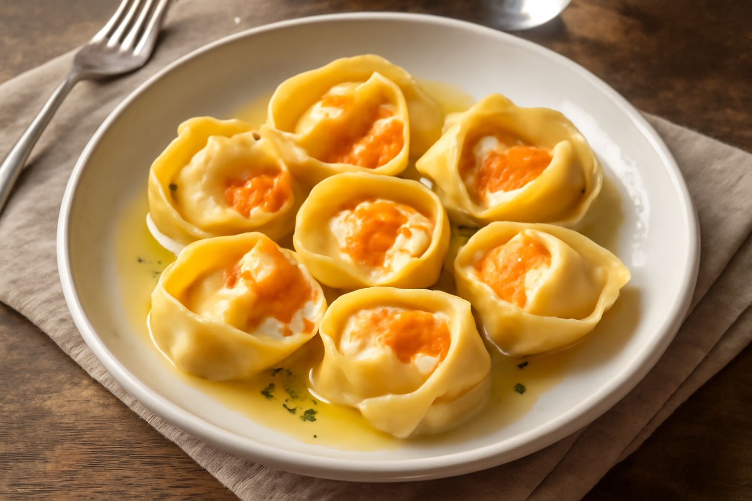 Tortelloni di ricotta e melone serviti in piatto bianco, con sfumature rosa e arancio della polpa di melone visibile nel ripieno, ricoperti da una salsa di burro fuso e menta fresca verde