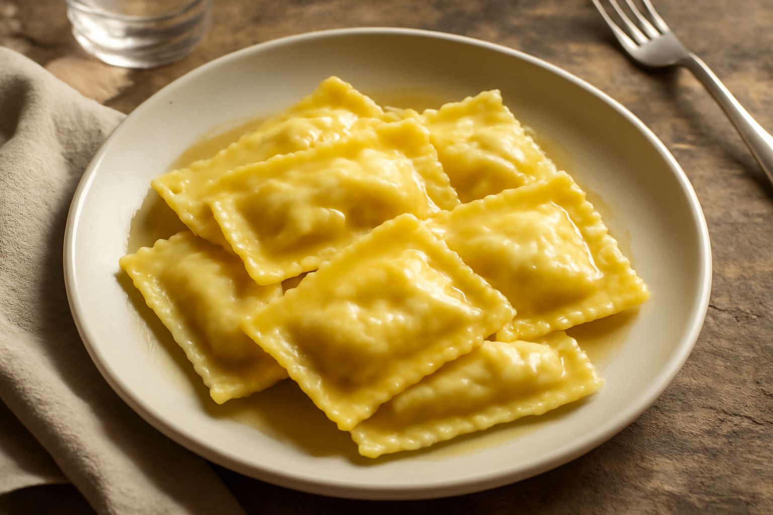 Tortelloni di pasta fresca ripieni di ricotta, disposti nel piatto bianco con salsa di burro e mostarda, guarniti da foglie di salvia fresca e scaglie di parmigiano grattugiato