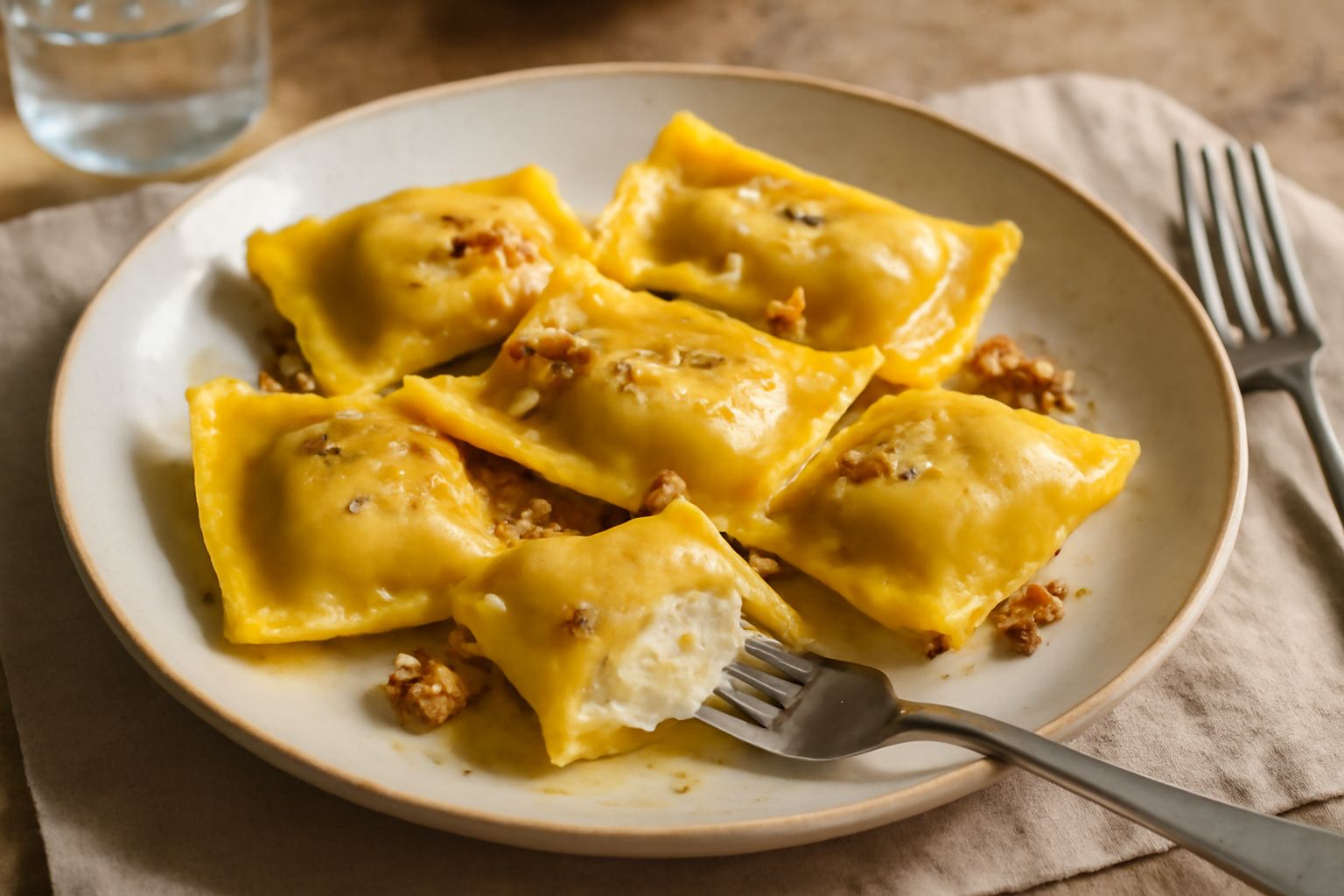 Quattro tortelloni di ricotta e noce su un piatto bianco, ricoperti di burro fuso e foglie di salvia fresca verde scuro, con una grattugia di parmigiano giallo sulle spalle