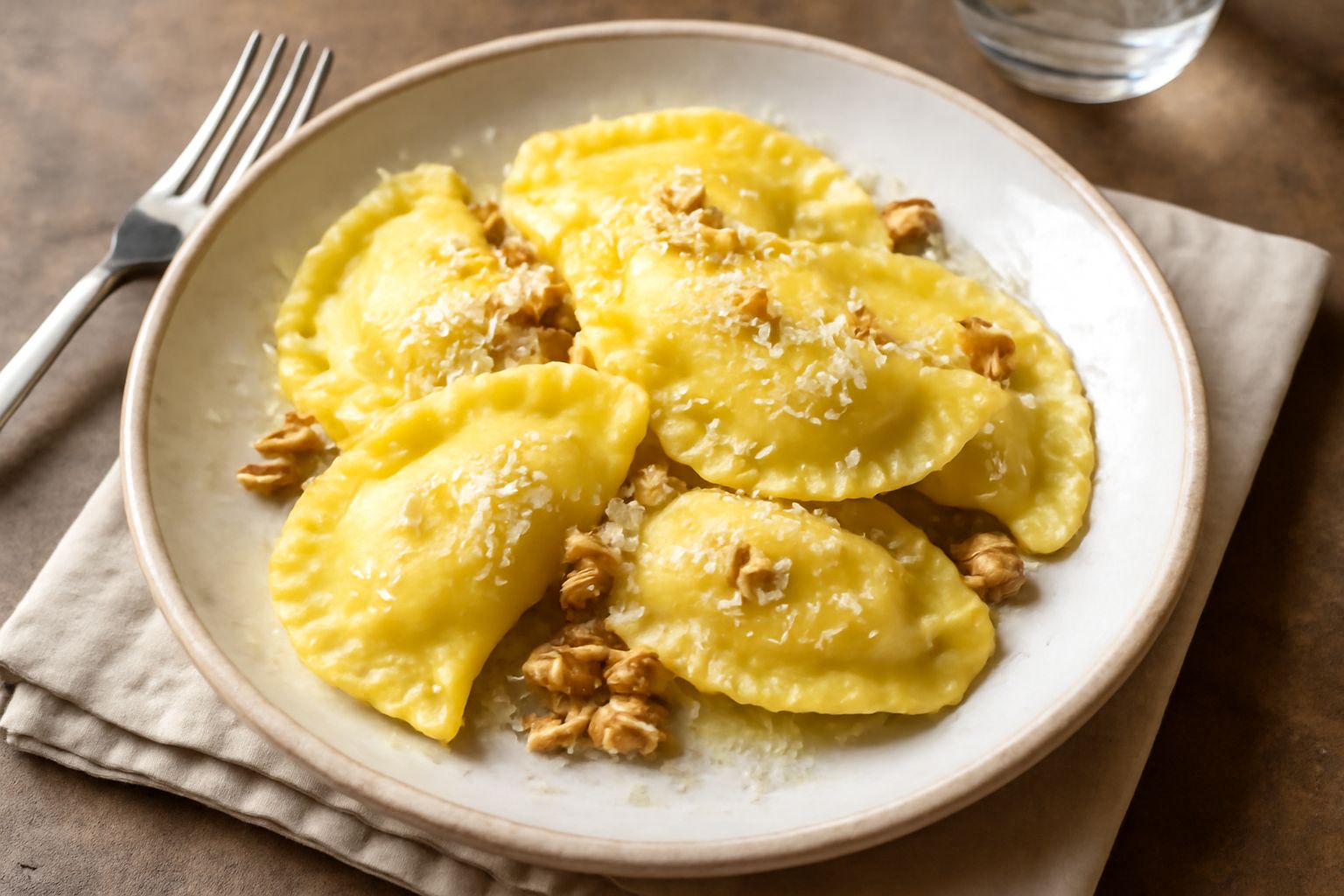 Tortelloni di ricotta e noci su piatto bianco con burro fuso e parmigiano grattugiato, sfondo di teglia di sfoglia all'uovo e noci spezzate