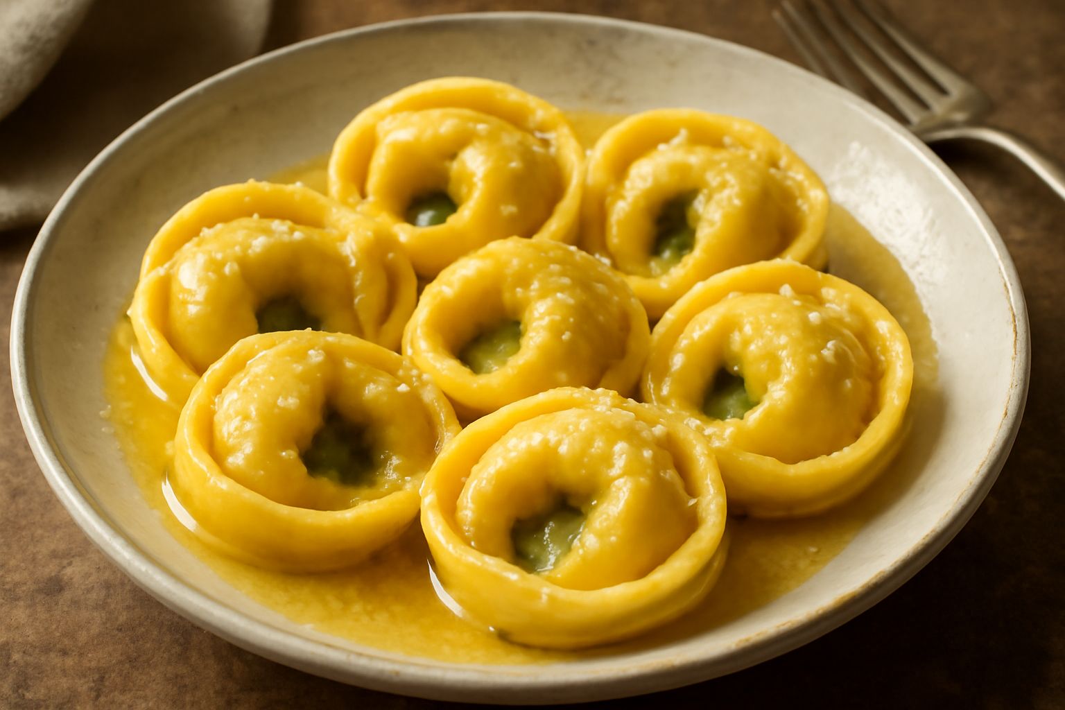Quattro tortelloni di pasta all'uovo fatti in casa disposti nel piatto, riempiti di verdure verdi, ricoperti di burro fuso e parmigiano grattugiato, con una foglia di salvia accanto