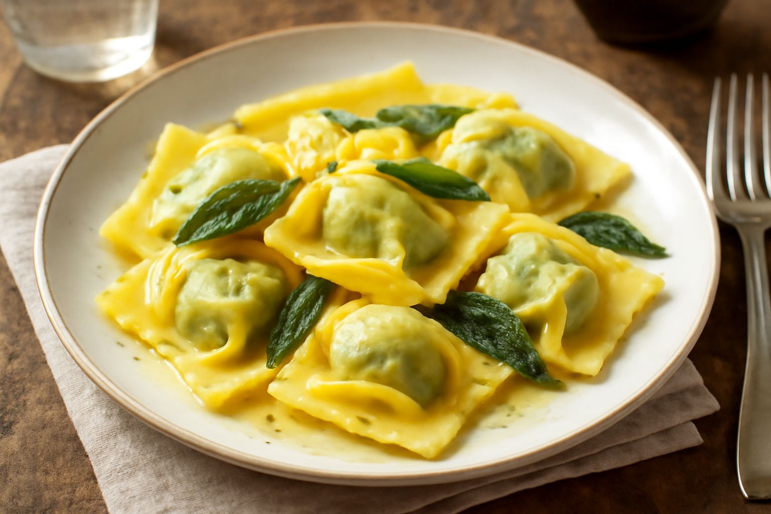 Tortelloni di verdure cotti su piatto bianco, ricoperti di burro fuso e parmigiano grattugiato, con una fogliolina di salvia verde in cima, accanto un mestolo di brodo caldo