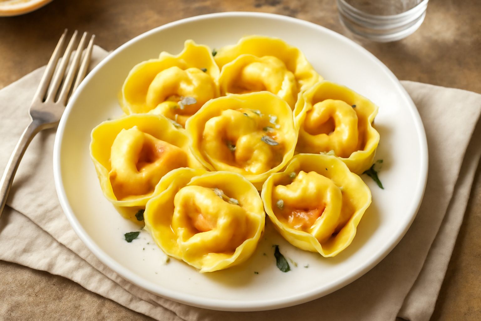 Tortelloni di zucca appena mantecati in un piatto bianco, ricoperti di burro fuso e parmigiano grattugiato, con una salvia fresca di lato