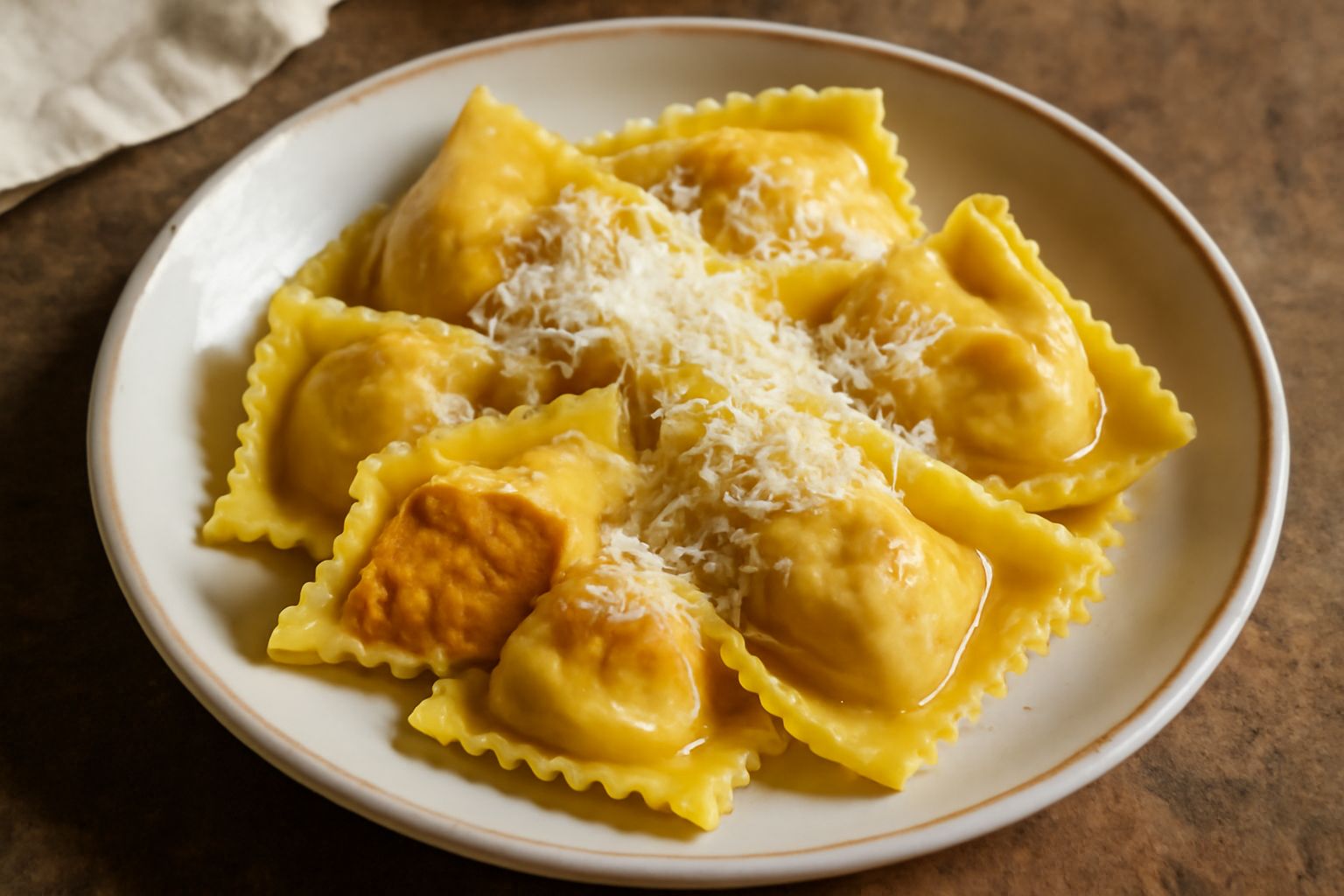 Tortelloni di zucca appena cotti su piatto bianco, con burro fuso e salvia, riempiti di purea arancione, contornati da briciole di amaretti dorate e parmigiano grattuggiato