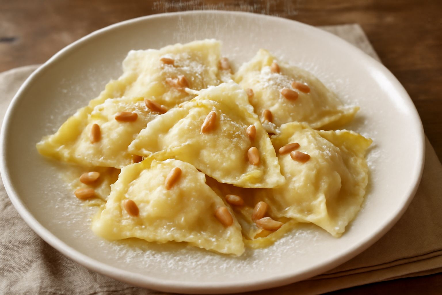 Tortelloni dolci appena bolliti, disposti su piatto bianco con burro fuso, zucchero a velo e mandorle sgusciate; pasta burrosa e sfoglia traslucida, ripieno color crema visibile dal taglio, vapore leg