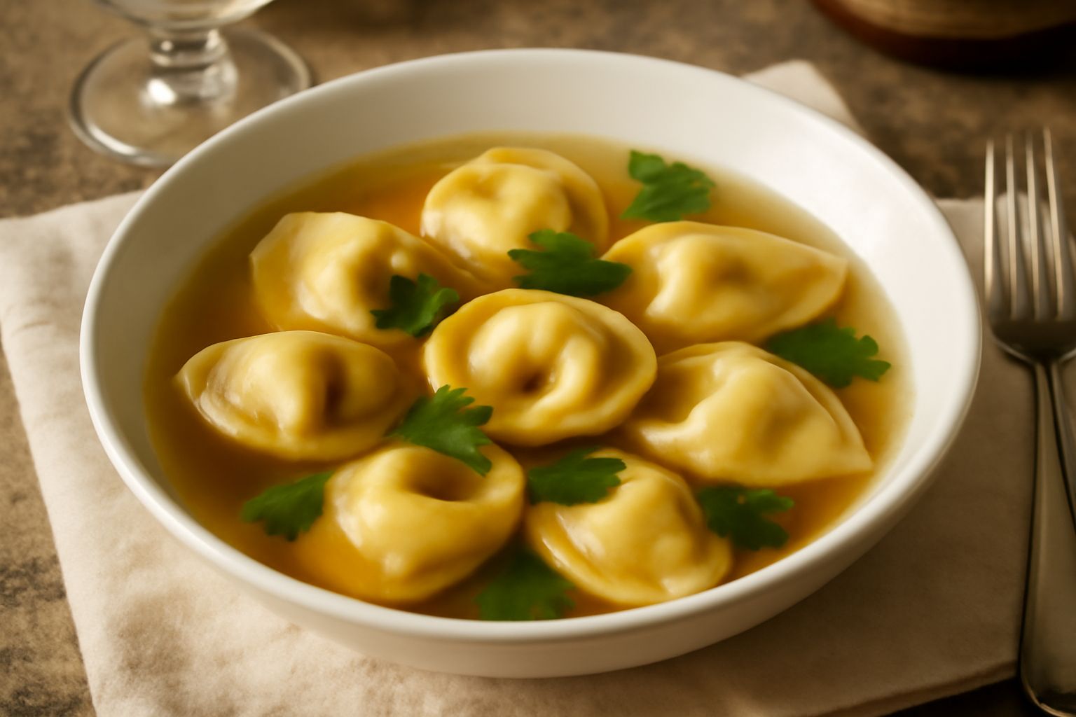 Tre tortelloni burrosi in un piatto bianco con brodo caldo trasparente, rosmarino fresco sulla superficie, parmigiano grattugiato, cucchiaio di legno a lato