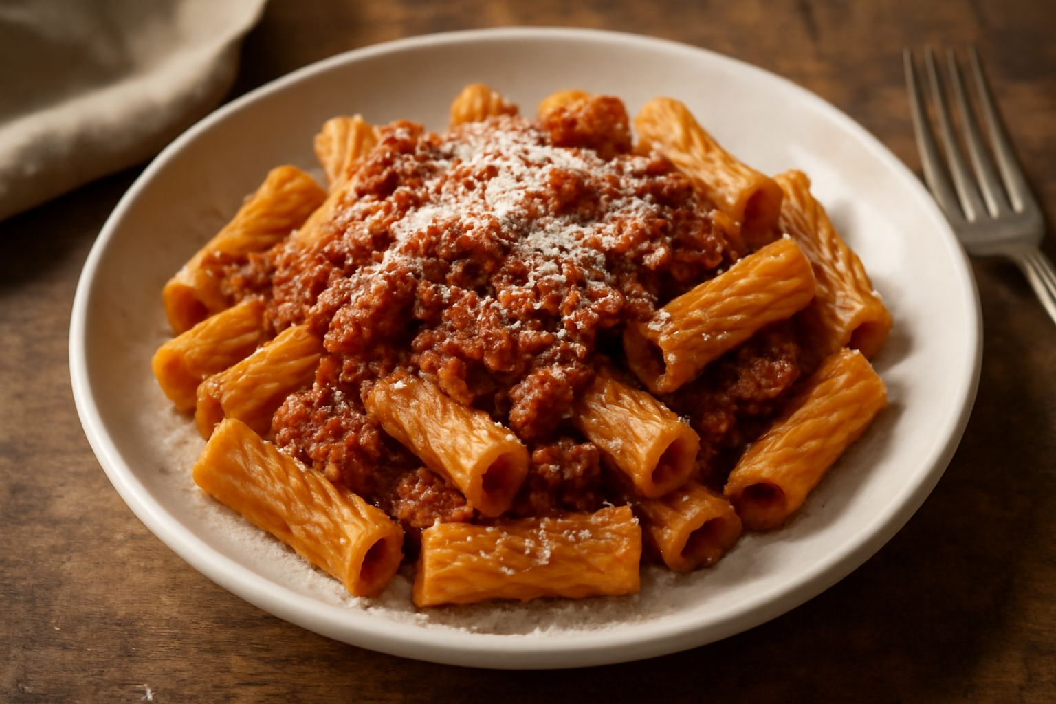 Piatto di tortiglioni al ragù di carne, pieni di sugo rosso scuro, spolverati di formaggio grattugiato, serviti in un piatto bianco fondo con un cucchiaio di legno di lato