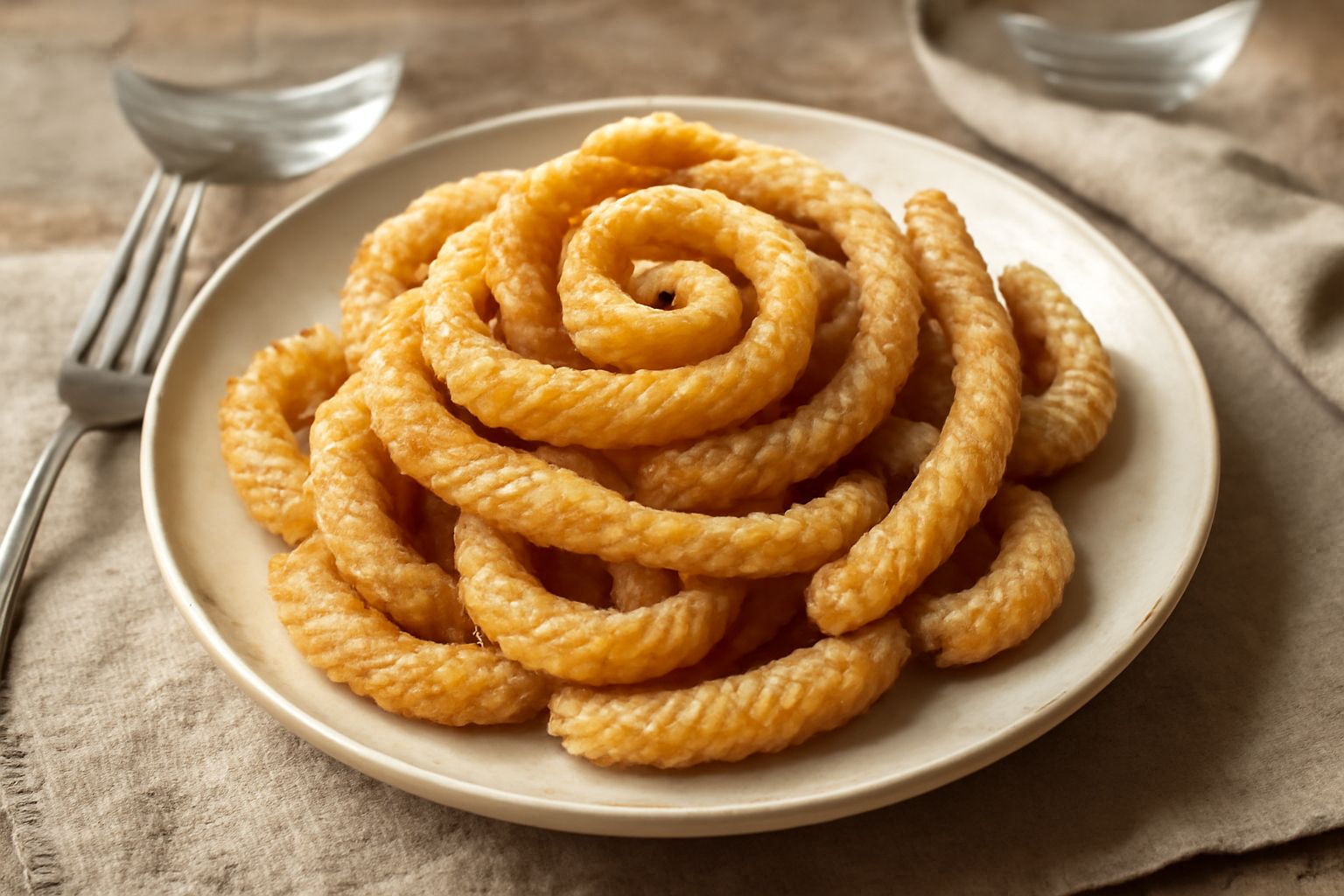 Tortiglioni calabresi dorati e croccanti disposti su un piatto bianco, ricoperti di zucchero semolato, con sfumature dorate e texture ruvida visibile