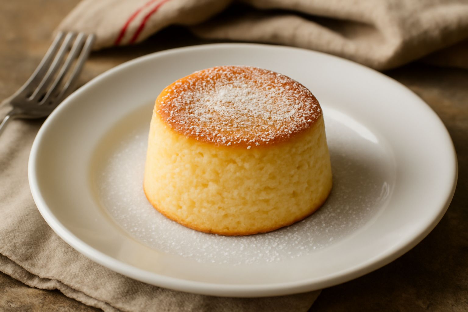 Tortina di ricotta singola nel piatto bianco, superficie liscia e leggermente dorata, guarnita con zucchero a velo e una foglia di menta fresca, colore giallo paglierino