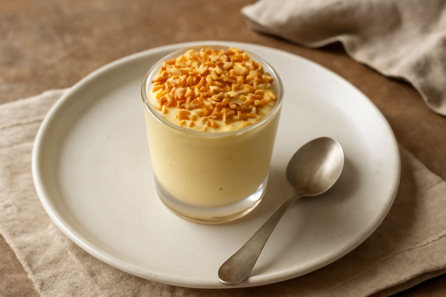 Tortoni siciliano in bicchiere di vetro trasparente, colore giallo pallido con granella di mandorla tostata in superficie, una cucchiaiata di gelato cremoso, sfondo bianco