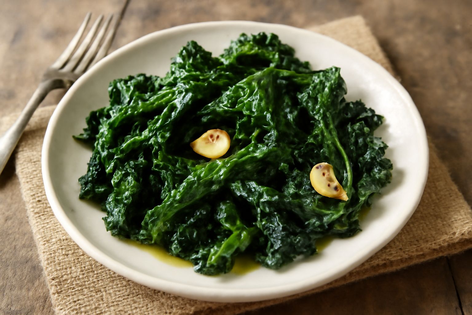Bietole saltate di colore verde scuro e grigio, croccanti e leggermente oleate, servite in un piatto bianco con filo di olio e peperoncino rosso visibile