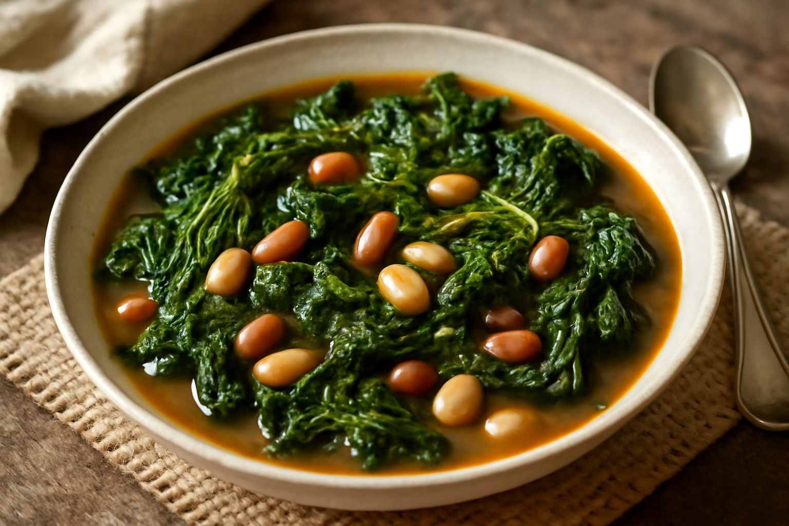 Ciotola bianca di torzelle e fagioli con brodo caldo, cavolo riccia verde intenso ammorbidito, fagioli bianchi o rossi visibili nel liquido, filo d'olio d'oliva in superficie, servito in piatto fondo 