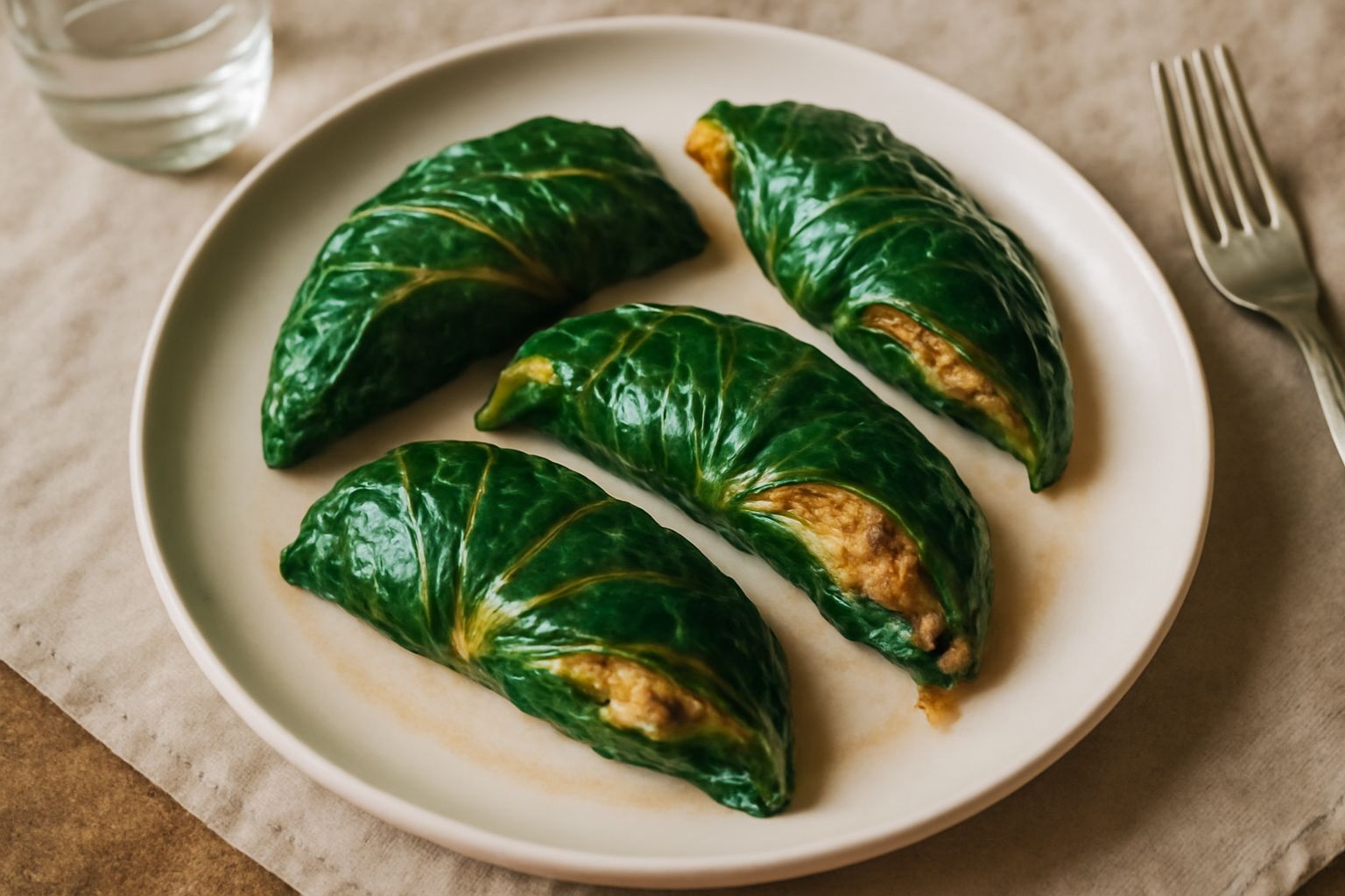Torzelle ripiene dorate e croccanti in una pirofila bianca, con le cicorie ripiegate su se stesse che lasciano intravedere il ripieno di pane grattugiato, formaggio bianco e spezie, contorno di olio d