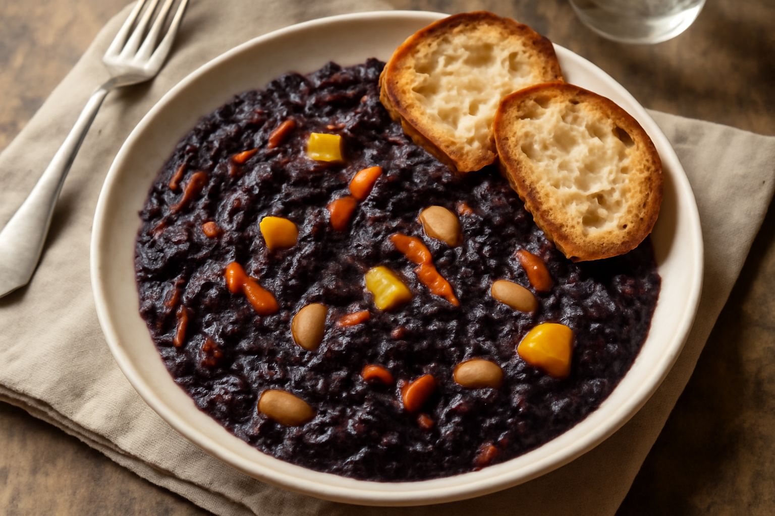 Scodella di ribollita fumante con fagioli visibili, cavolo scuro, carote arancioni e pane tostato adagiato sopra, olio d'oliva versato in filo, su tavolo rustico