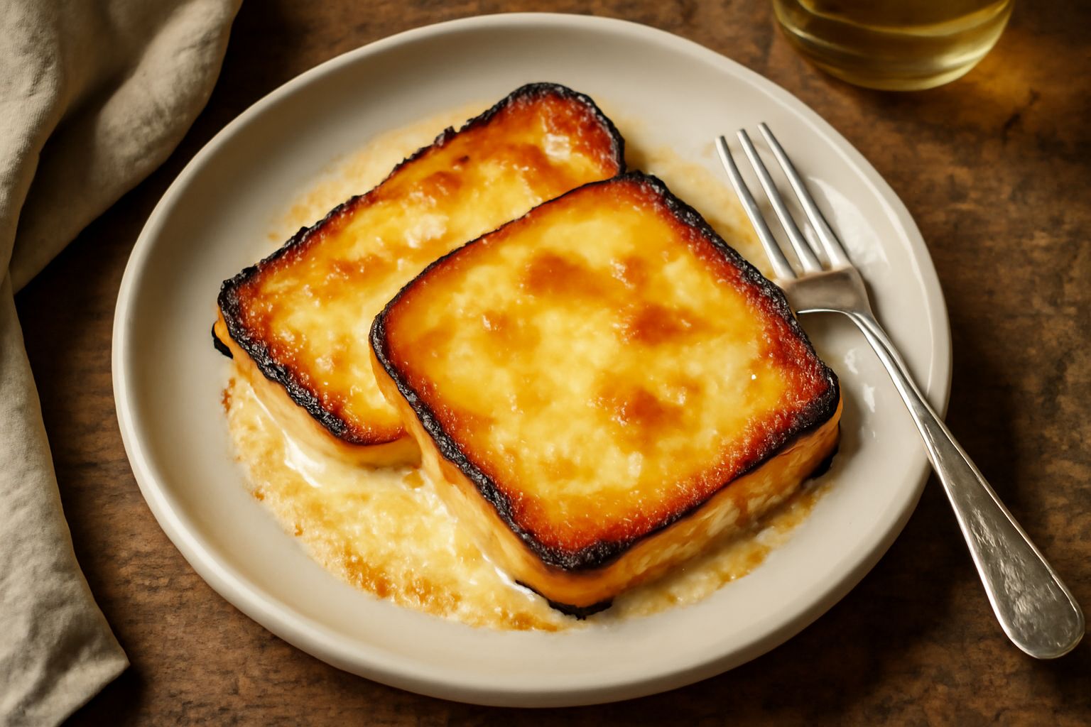 Due fette di formaggi filanti e dorati in una padella antiaderente, con bordi croccanti leggermente anneriti e formaggio che fuoriesce morbido dal centro, contorno di limone fresco