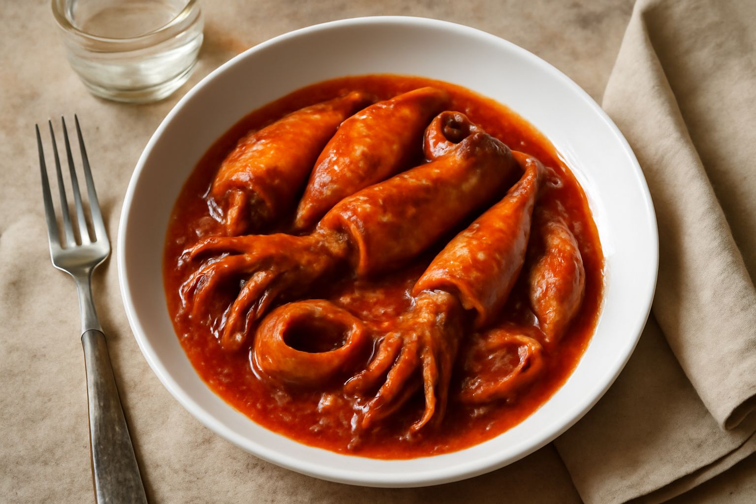 Totani interi cotti in sugo di pomodoro rosso scuro, serviti in piatto bianco fondo con prezzemolo fresco sparso in superficie e pane tostato accanto