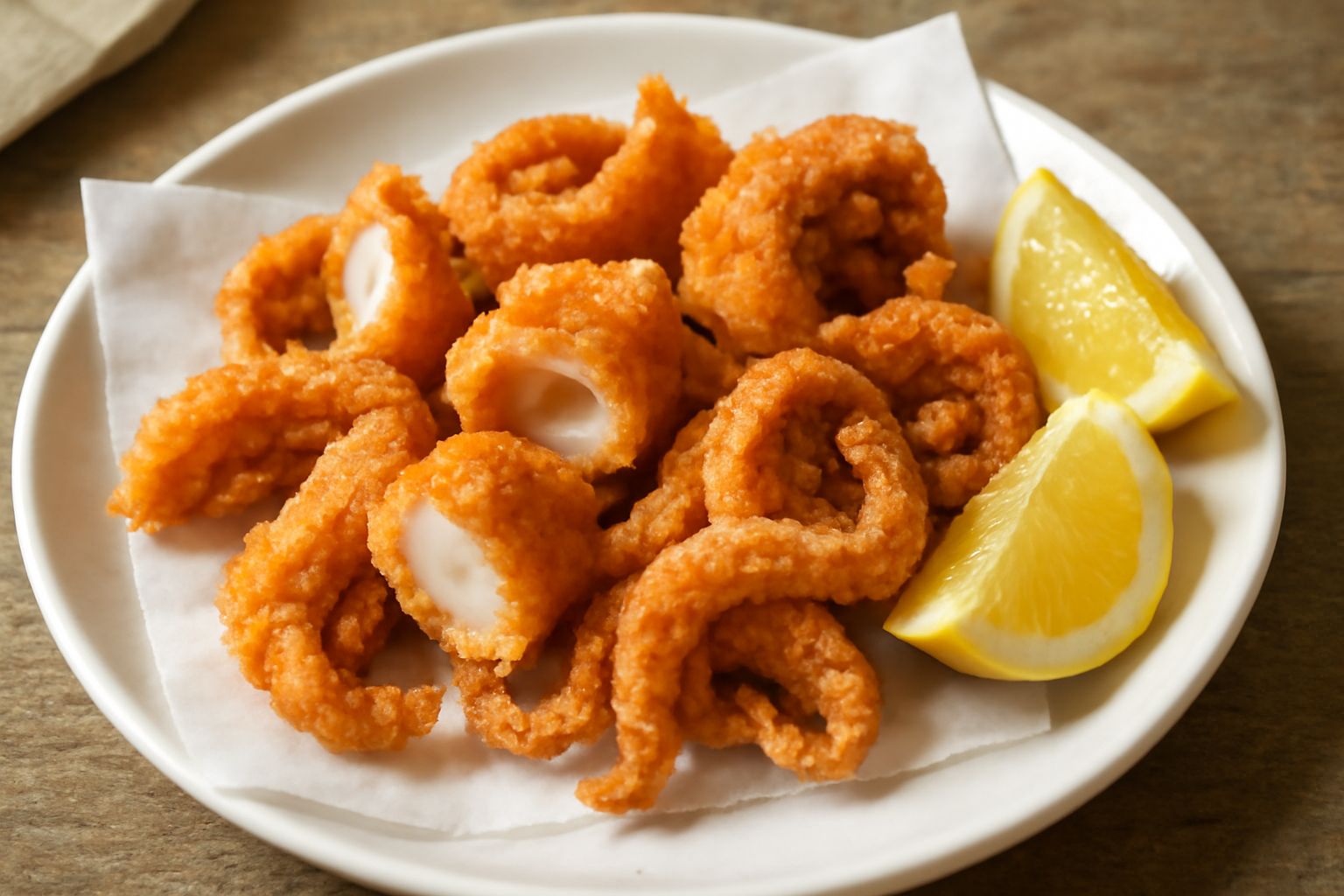 Totani fritti dorati e croccanti disposti su carta assorbente bianca, illuminati da luce naturale, con limone affettato accanto e sale grosso visibile sulla carta
