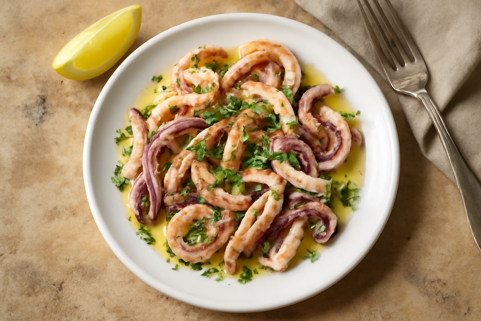 Totani affettati in un piatto bianco con limone fresco, prezzemolo verde e gocce di olio extravergine, su uno sfondo di marmo grigio