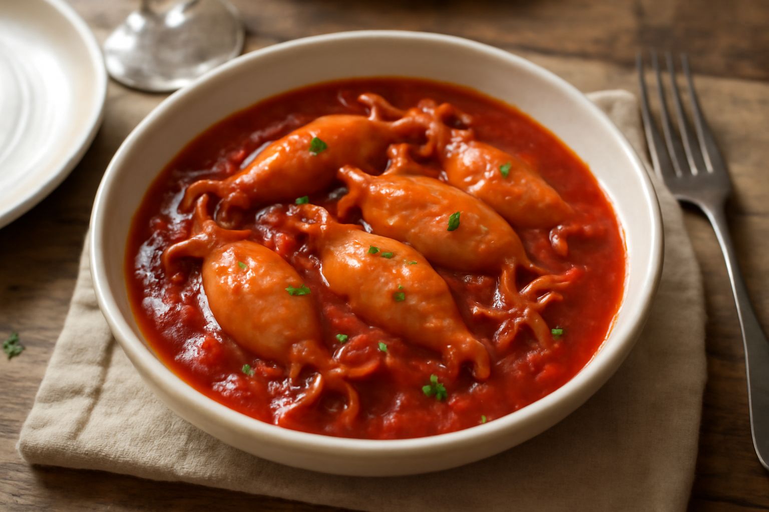Totani piccoli interni in una pentola di terracotta con sugo rosso di pomodoro, spicchi di aglio visibili e peperoncino rosso, vapore che sale dal piatto