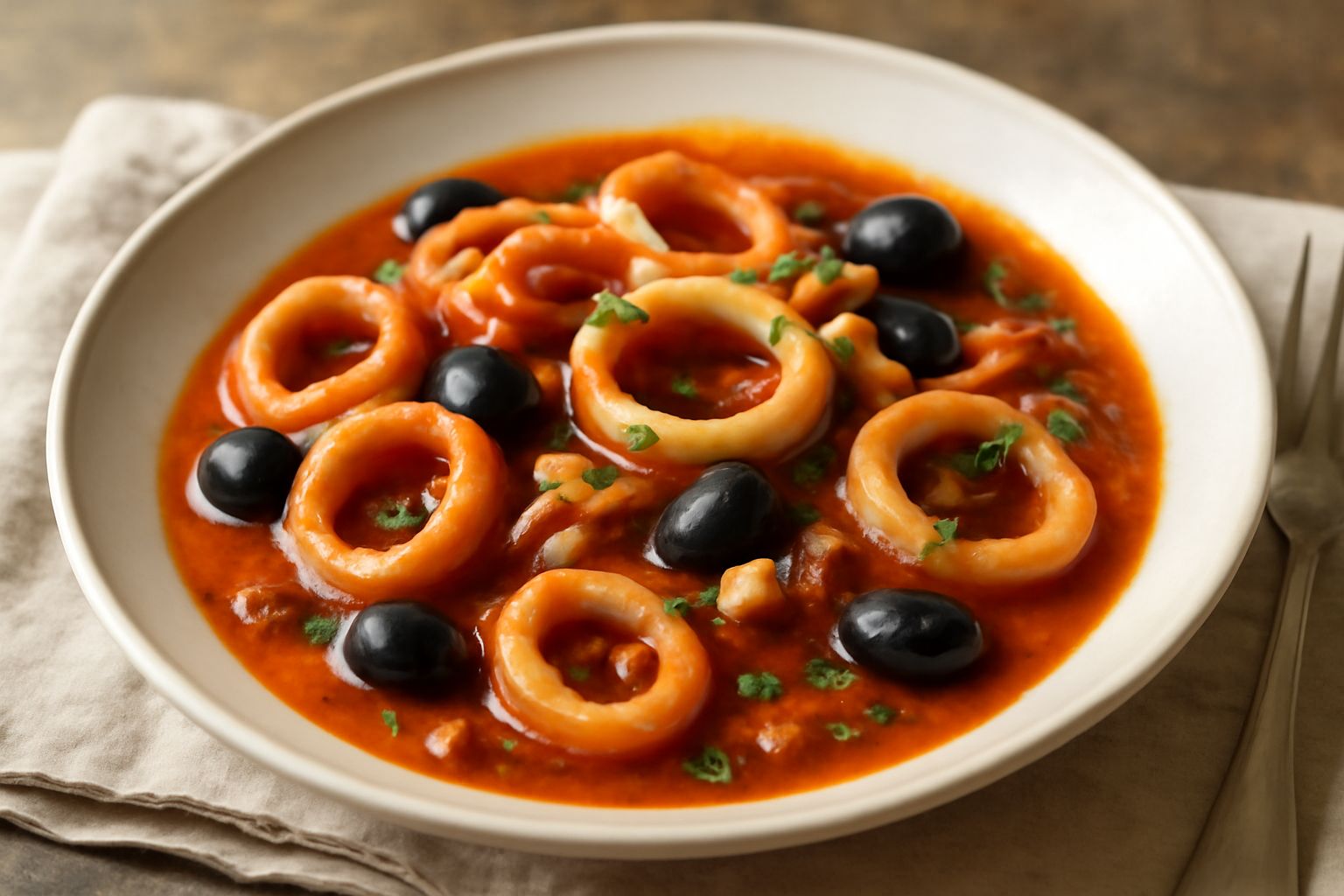 Totani bianco-rosati in umido serviti in piatto bianco con sugo di pomodoro, olive nere e prezzemolo fresco, accompagnati da pane tostato