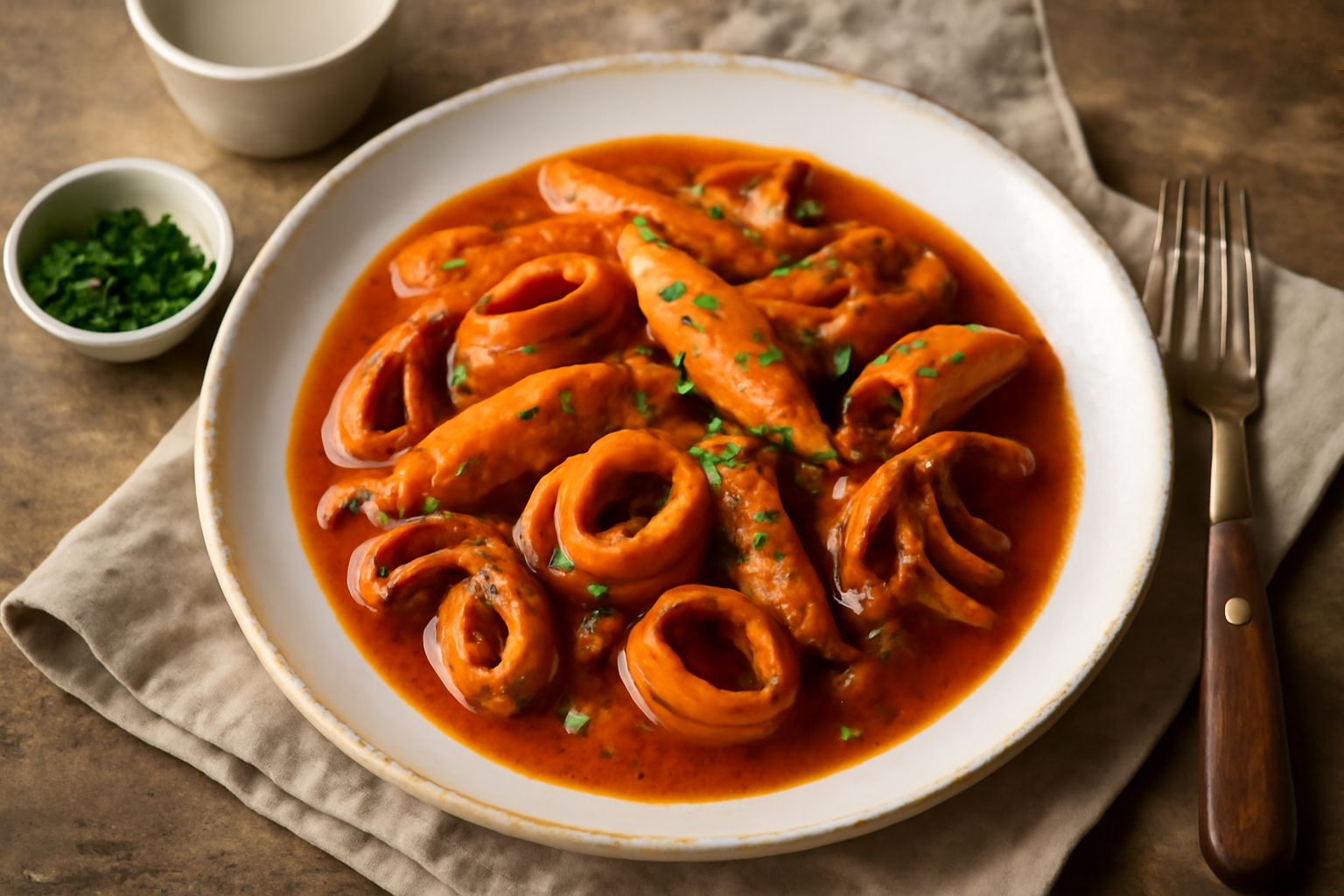 Totani rossi in umido in una pentola di terracotta con salsa di pomodoro, aglio e prezzemolo fresco, su un tavolo in legno