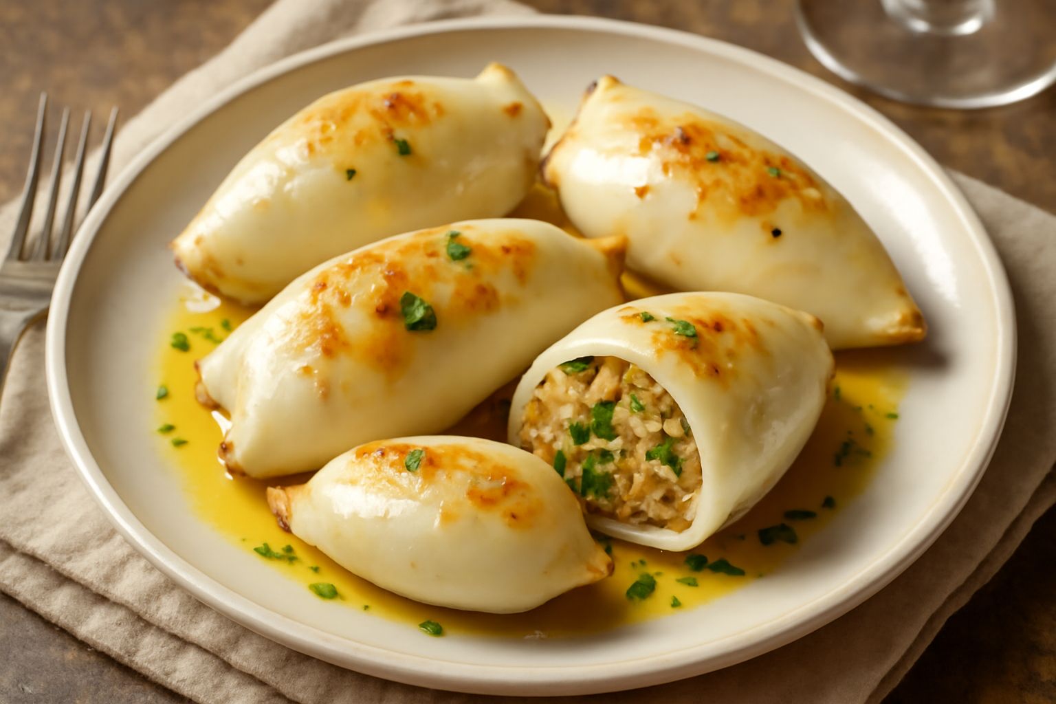 Totani ripieni dorati in padella, con il ripieno di pangrattato e prezzemolo che fuoriesce leggermente dall'apertura, contornati da aglio e olio, serviti su un piatto bianco