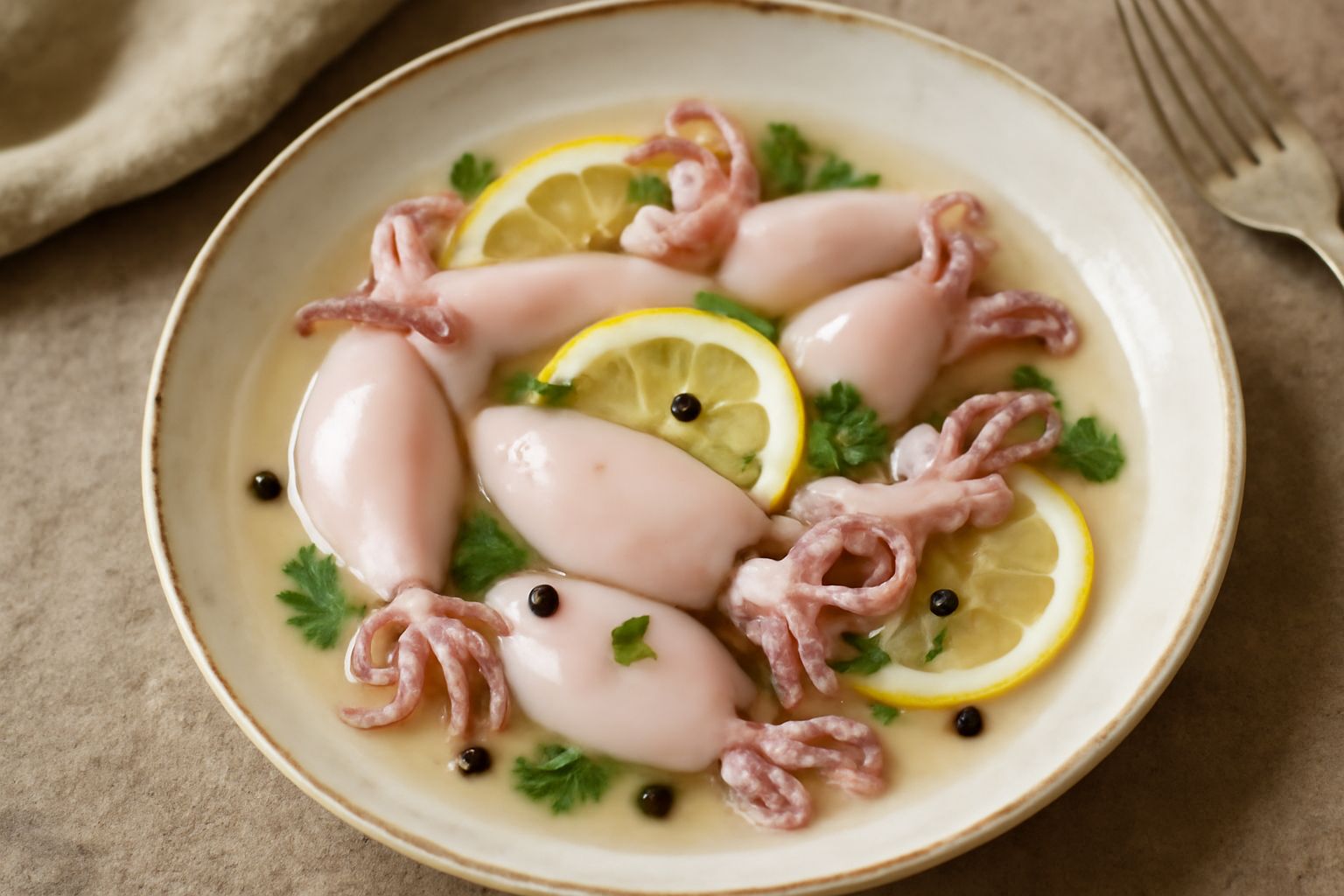 Totani sott'aceto in un piatto bianco con tentacoli rosati e lucenti, immersi in liquido trasparente con fettine di limone, foglie di prezzemolo verde e grani di pepe nero visibili