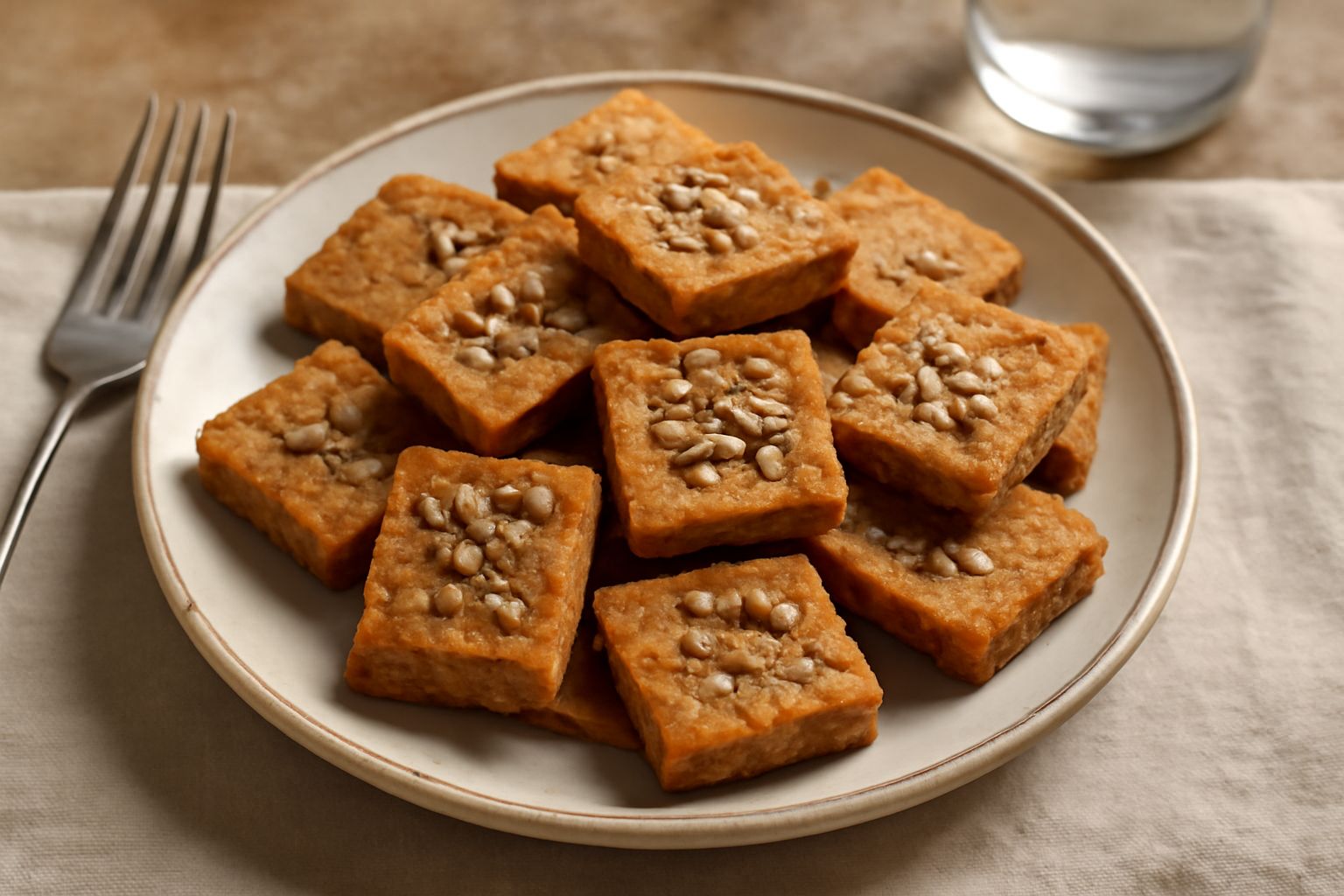Tozzetti di pane raffermo disposti su un piatto bianco, di forma parallelepipeda, di colore marrone dorato, croccanti e secchi, alcuni ricoperti di semi di girasole e sesamo.