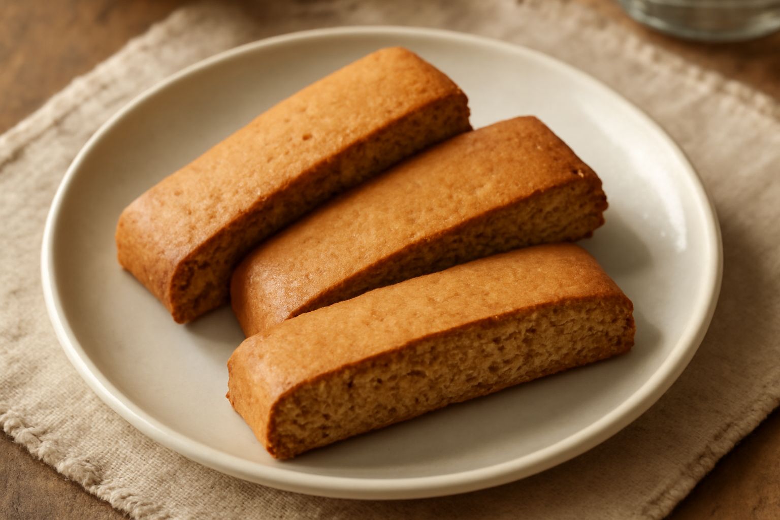 Tozzetti duri e biscottati disposti in fila su un piatto bianco, dal colore dorato-nocciola, dalla forma rettangolare leggermente obliqua, accanto a una tazza di caffè nero