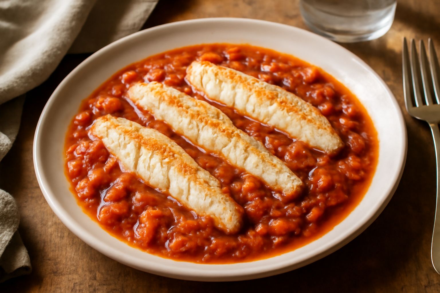 Filetti di tracina in umido in un piatto bianco, ricoperti di sugo pomodoro con verdure morbide, cipolla caramellata e prezzemolo fresco, con contorno di pane tostato