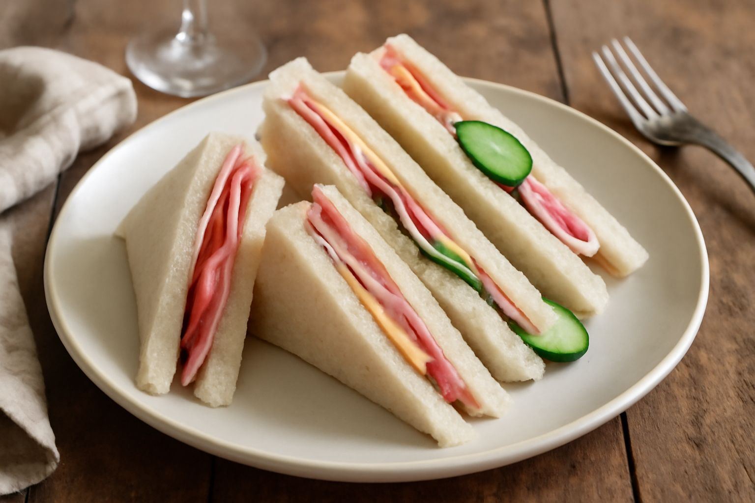 Tramezzini tagliati a triangoli su un piatto bianco, con ripieni di prosciutto, mozzarella e pomodoro, guarniti con una foglia di basilico fresco, su uno sfondo di marmo chiaro.