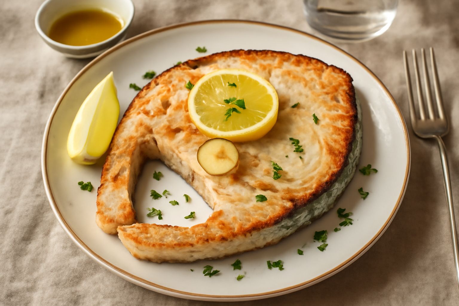 Trance di pesce spada dorata in padella con disco di limone fresco, prezzemolo tritato e olio d'oliva, contorno di verdure grigliate sfumate di verde