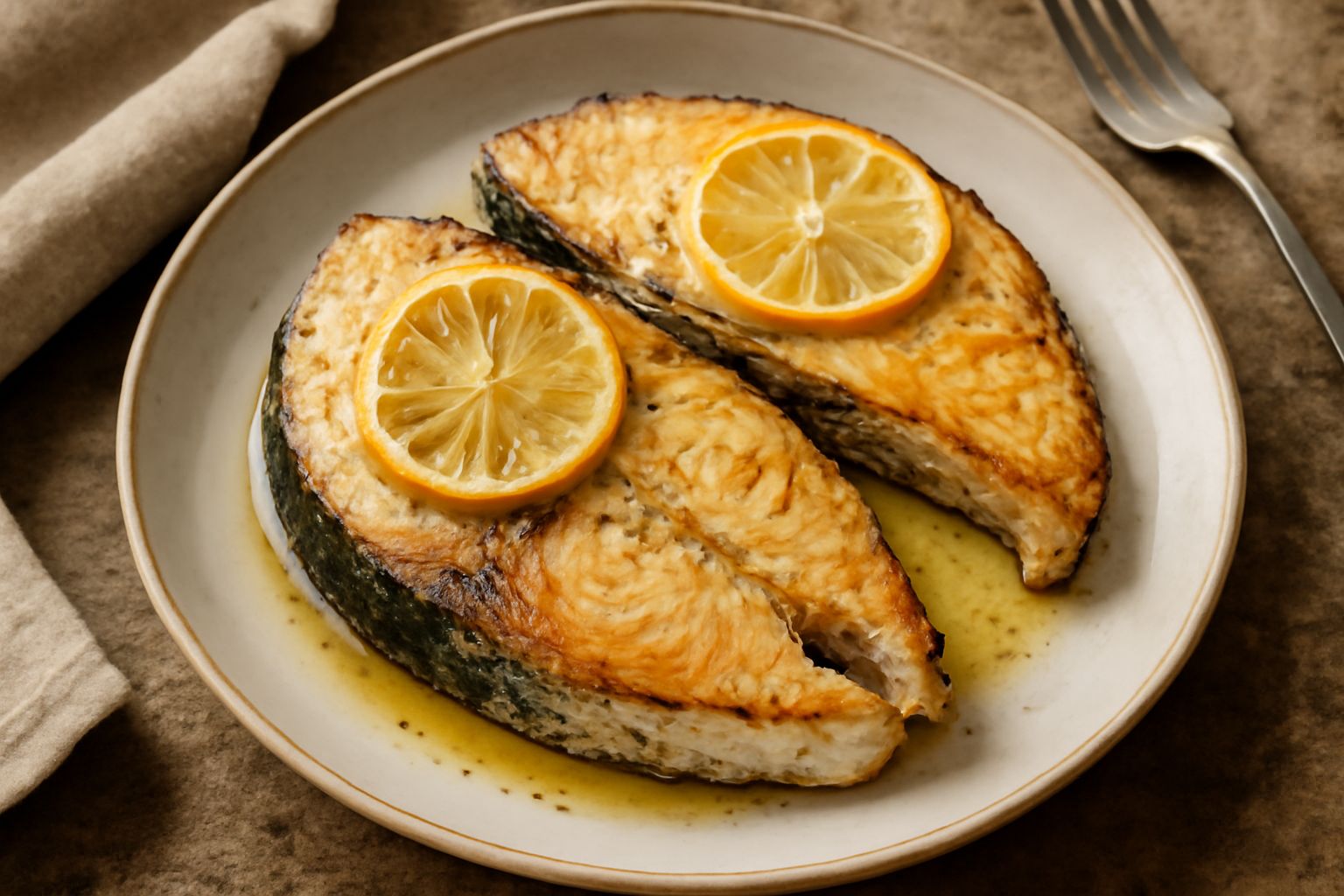 Trance di pesce spada dorate al forno in pirofila, condite con olio, fettine di limone e prezzemolo fresco, contorno di verdure grigliate leggere sfumate