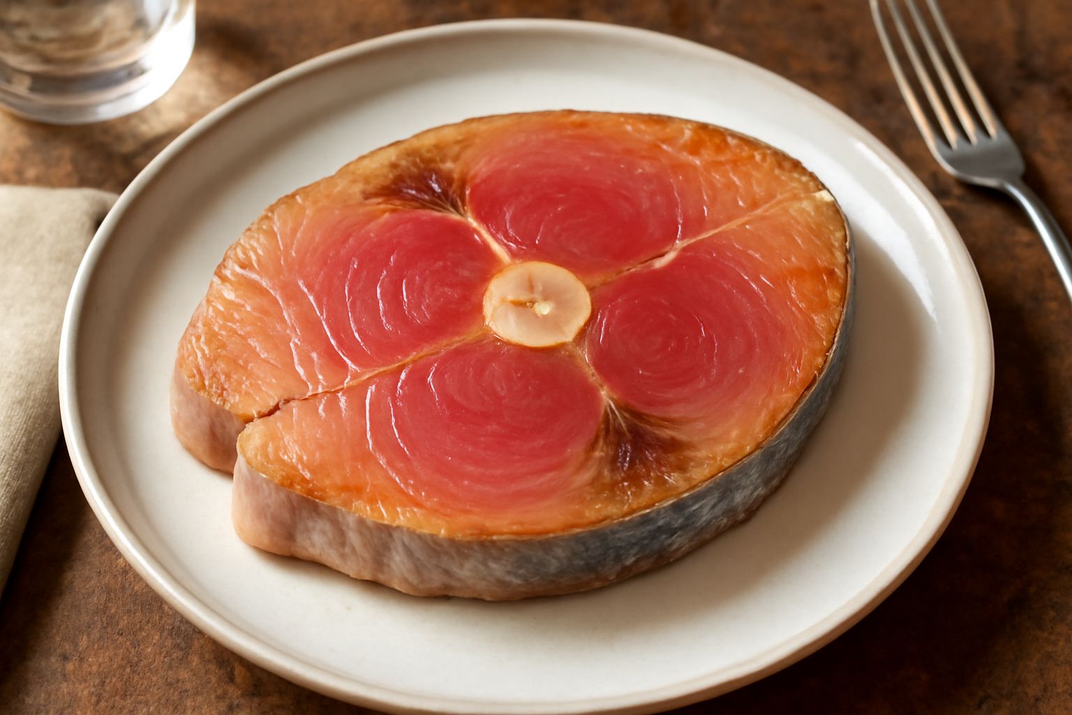Trance di tonno rosate al centro con crosta dorata, guarnite con limone fresco e erbe aromatiche, servite in piatto bianco con un filo di olio extravergine