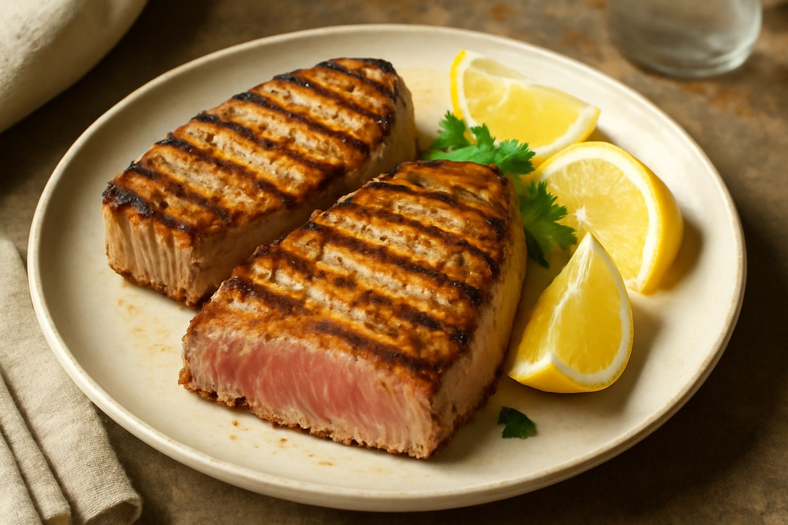 Due tranci di tonno rosato sulla griglia con segni di fuoco, crosta dorata ai bordi, accompagnati da spicchi di limone fresco e sale in grani sparsi, serviti in piatto bianco