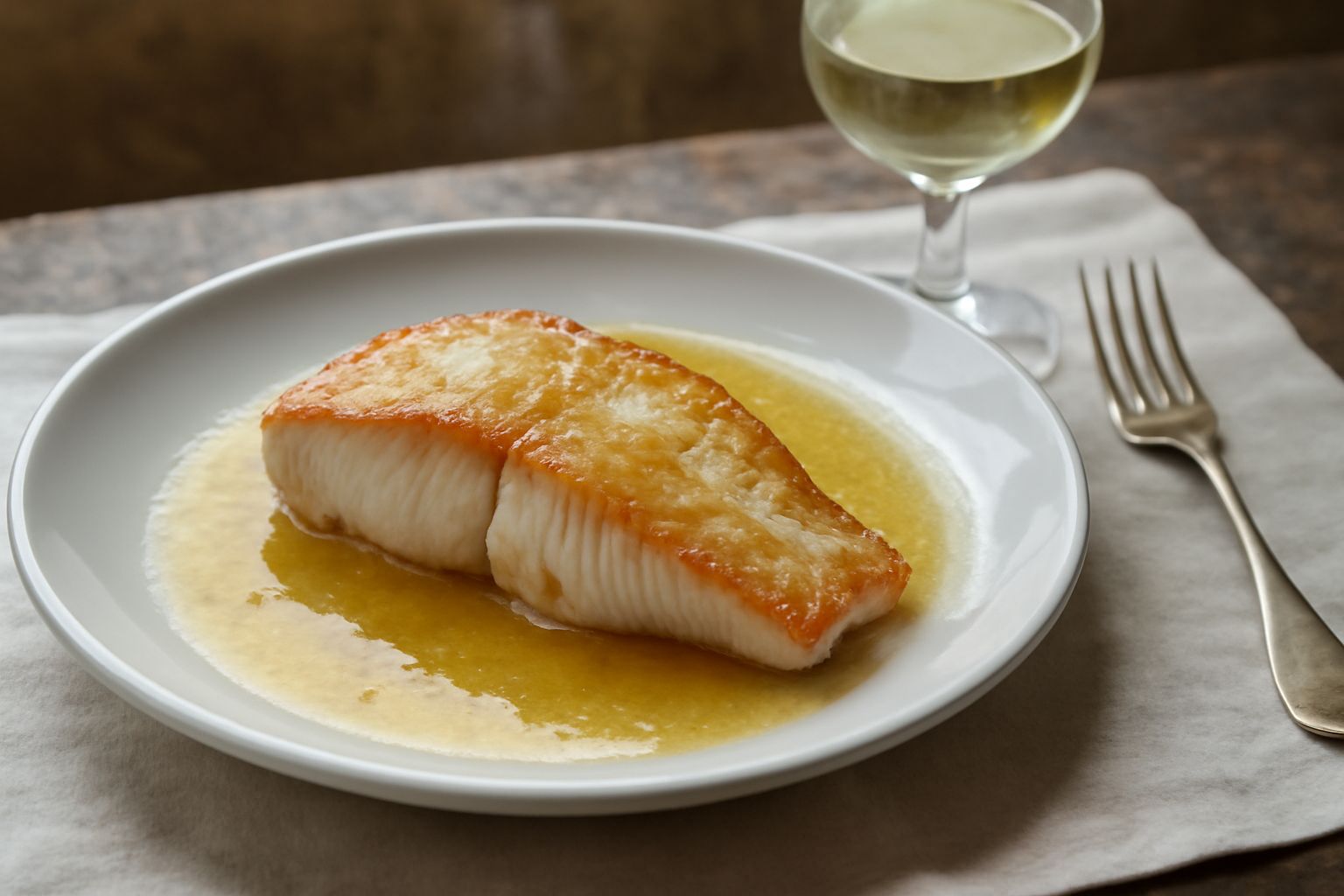 Bicchiere di vino Trebbiano trasparente e dorato su tavolo di legno, accanto a una bottiglia etichettata, e sul piano di sfondo ingredienti freschi: petto di pollo, limone, erbe aromatiche