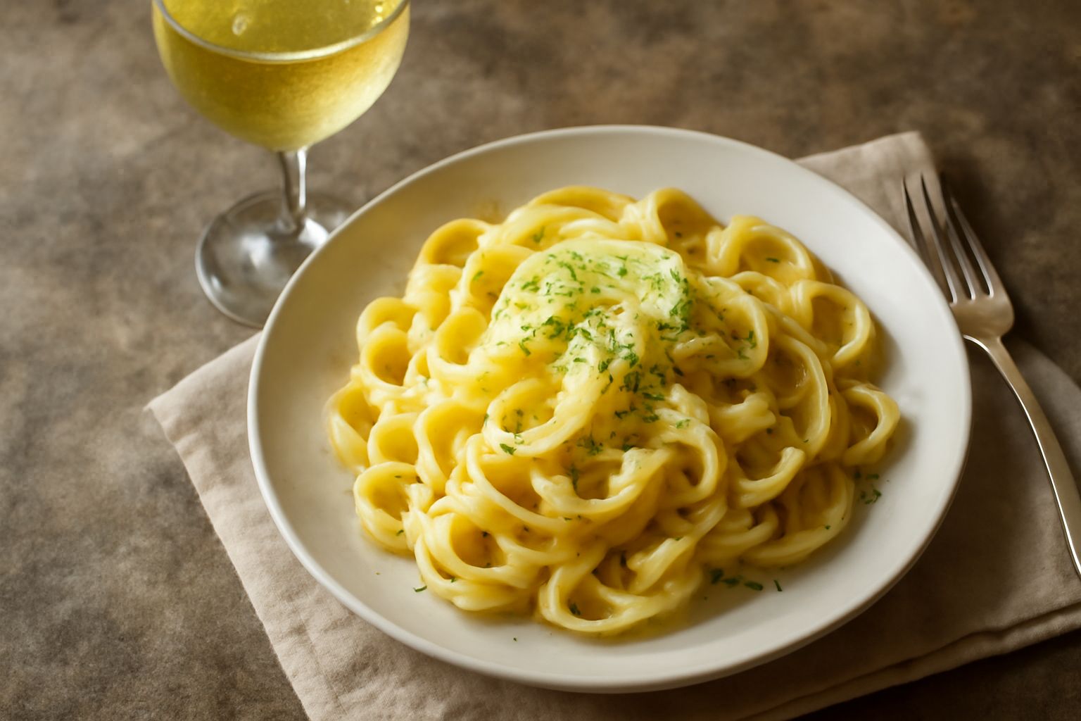 Calice di vino bianco Trebbiano di Lugana dal colore paglierino trasparente, con riflessi dorati, su sfondo di vigna verde del lago di Garda e un piatto di branzino al forno