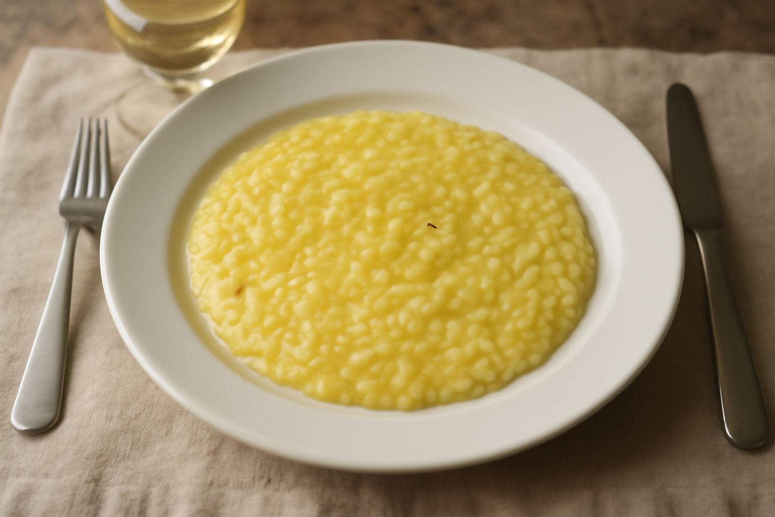 Piatto di risotto cremoso di colore giallo paglierino, servito in scodella bianca, con un bicchiere di vino bianco Trebbiano a fianco e qualche filo di zafferano in superficie