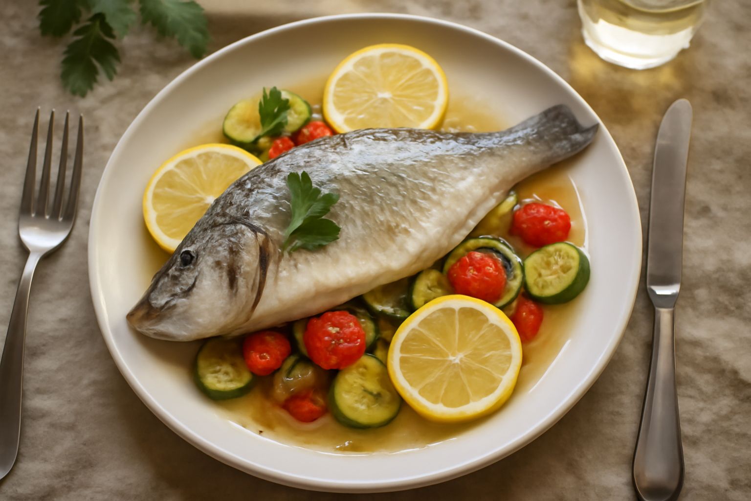 Filetto di branzino dorato in bianco su letto di verdure saltate in padella, condito con Trebbiano toscano, limone e prezzemolo fresco, servito in piatto di ceramica bianca