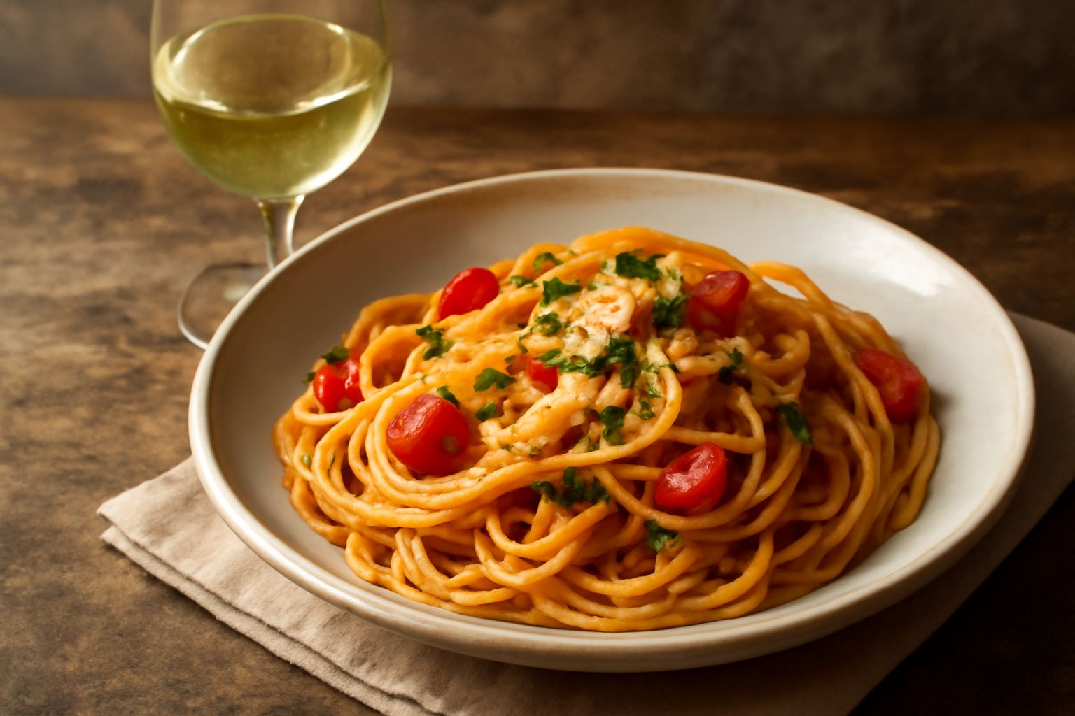 Bicchiere di Trebbiano di Romagna giallo paglierino su fondo chiaro, accanto a filetti di pesce bianco e limone fresco, con sfondo di vigneti verdi sfocato