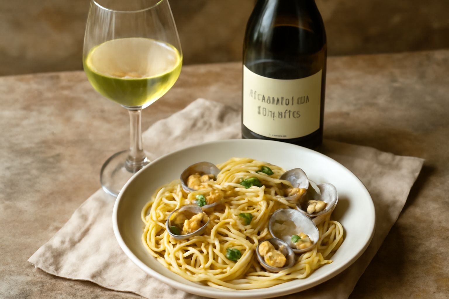 Bicchiere di vino bianco Trebbiano di Soave con riflessi dorati, accanto a un piatto di spaghetti al pesce e una bottiglia di vino su tavolo di legno chiaro