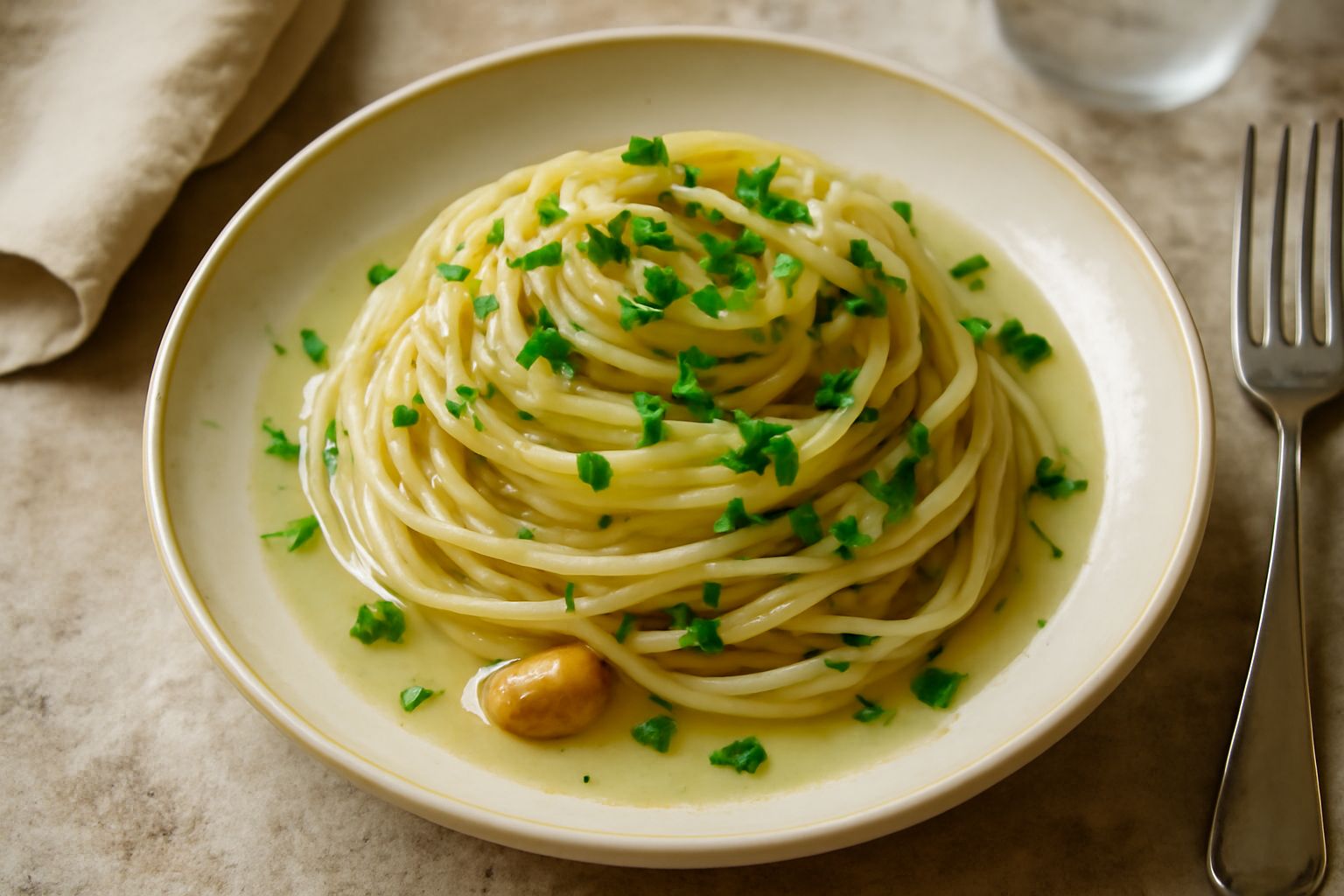 Piatto di pasta lunga bionda, condita con aglio dorato e prezzemolo verde, bagnata da vino bianco trasparente, servita in ciotola bianca su tavolo di legno chiaro